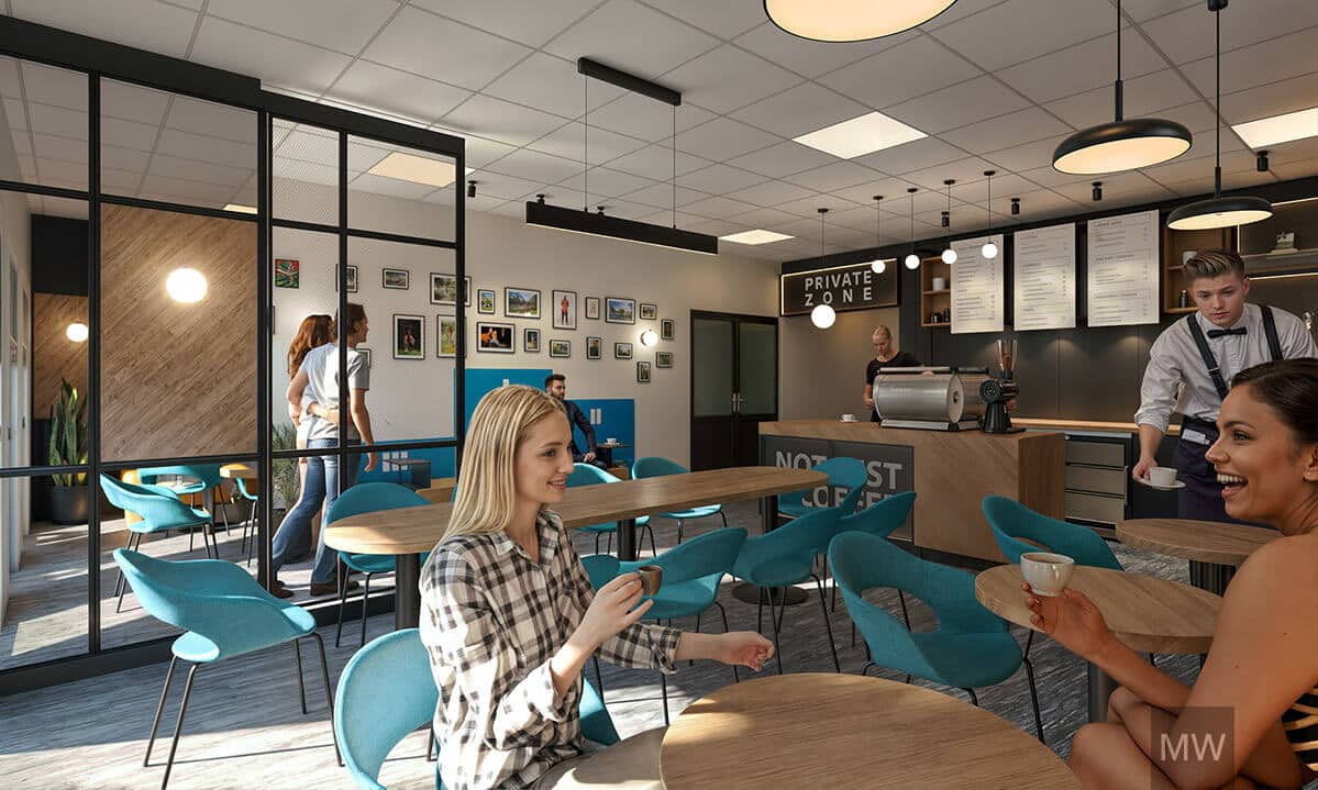 cafenea-moderna-design-open-space-pereti-sticla-targu mures Cafenea modernă cu design deschis: pereți din sticlă, mobilier contemporan și zonă de bar aglomerată. Două femei savurează cafea la mese, în timp ce alți clienți socializează în fundal.