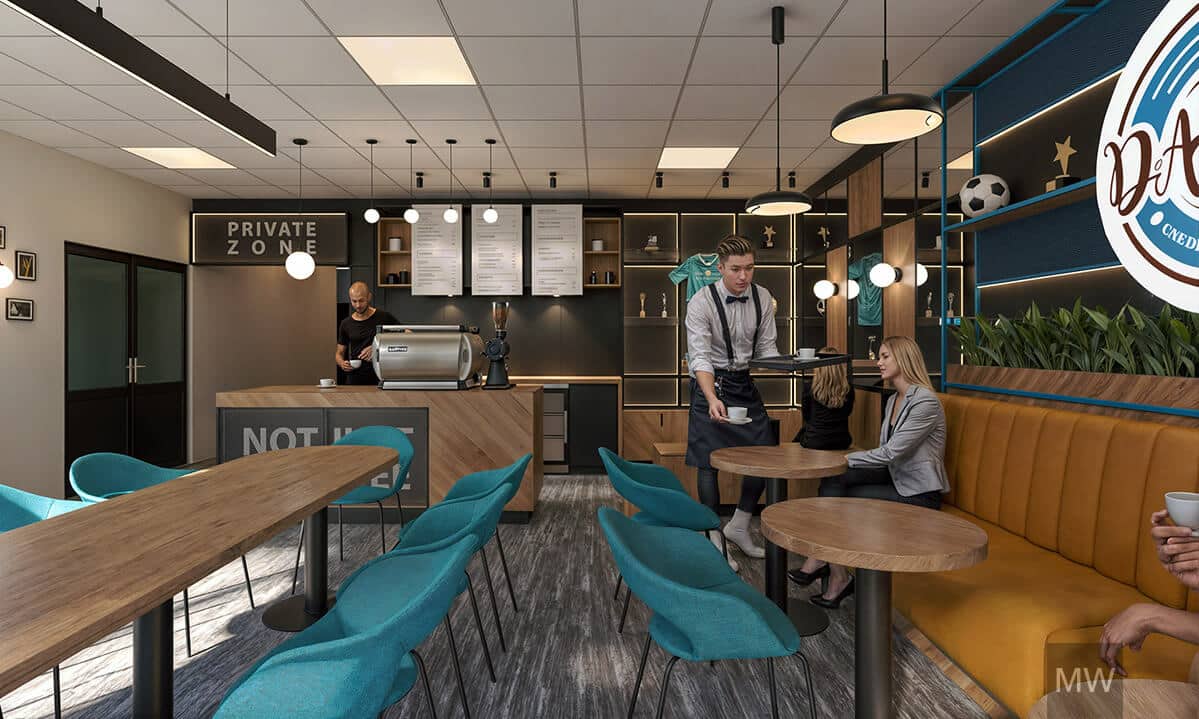 cafenea-fotbal-design-modern-birou-barista-turcoaz Interior modern de cafenea cu barista pregătind cafea la tejghea, chelner servind clienți și scaune turcoaz. Decor combină lemn, metal și textile, cu rafturi expozând memorabilia fotbalistică și semn decorativ perete.