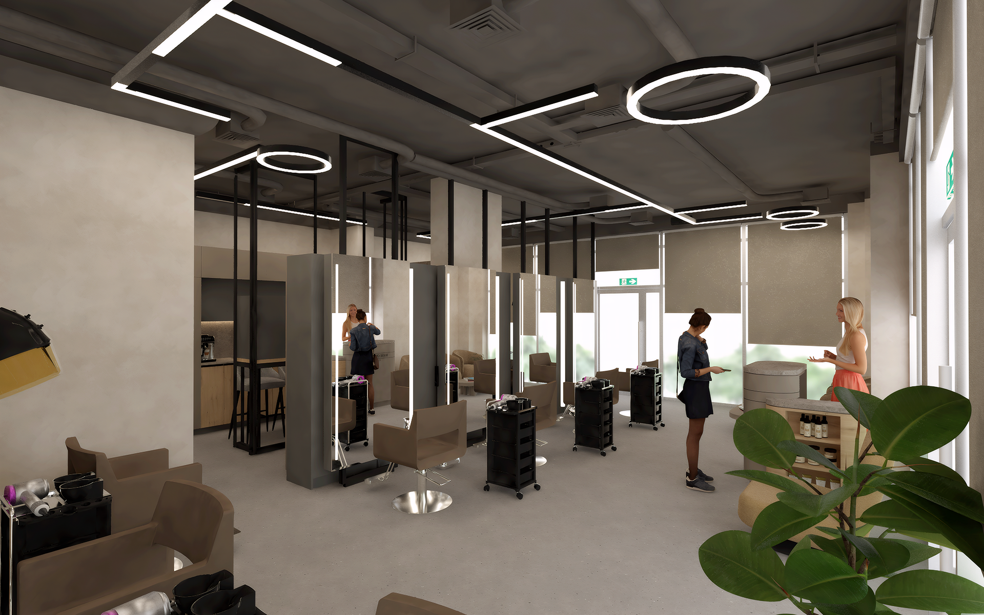 Minimalist Hair Salon with Industrial Lighting and Natural Accents Modern minimalist hair salon interior with large circular ceiling lights, exposed pipes, styling stations, and greenery throughout the space.