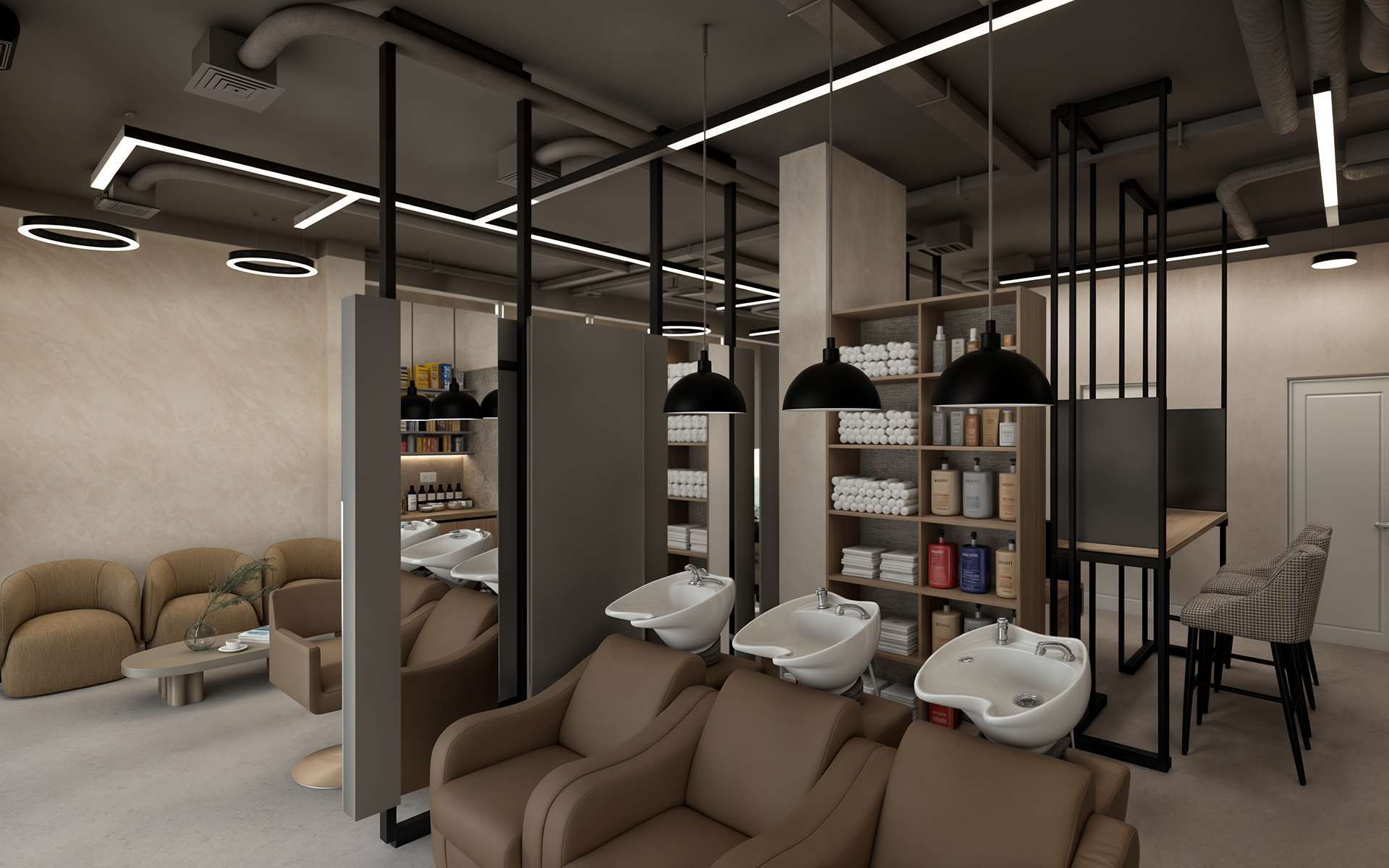 Contemporary Barber Shop Interior with Leather Seating and Product Display Modern barber shop or hair salon interior with leather armchairs, stylish lighting, and a neatly organized shelf of hair products.
