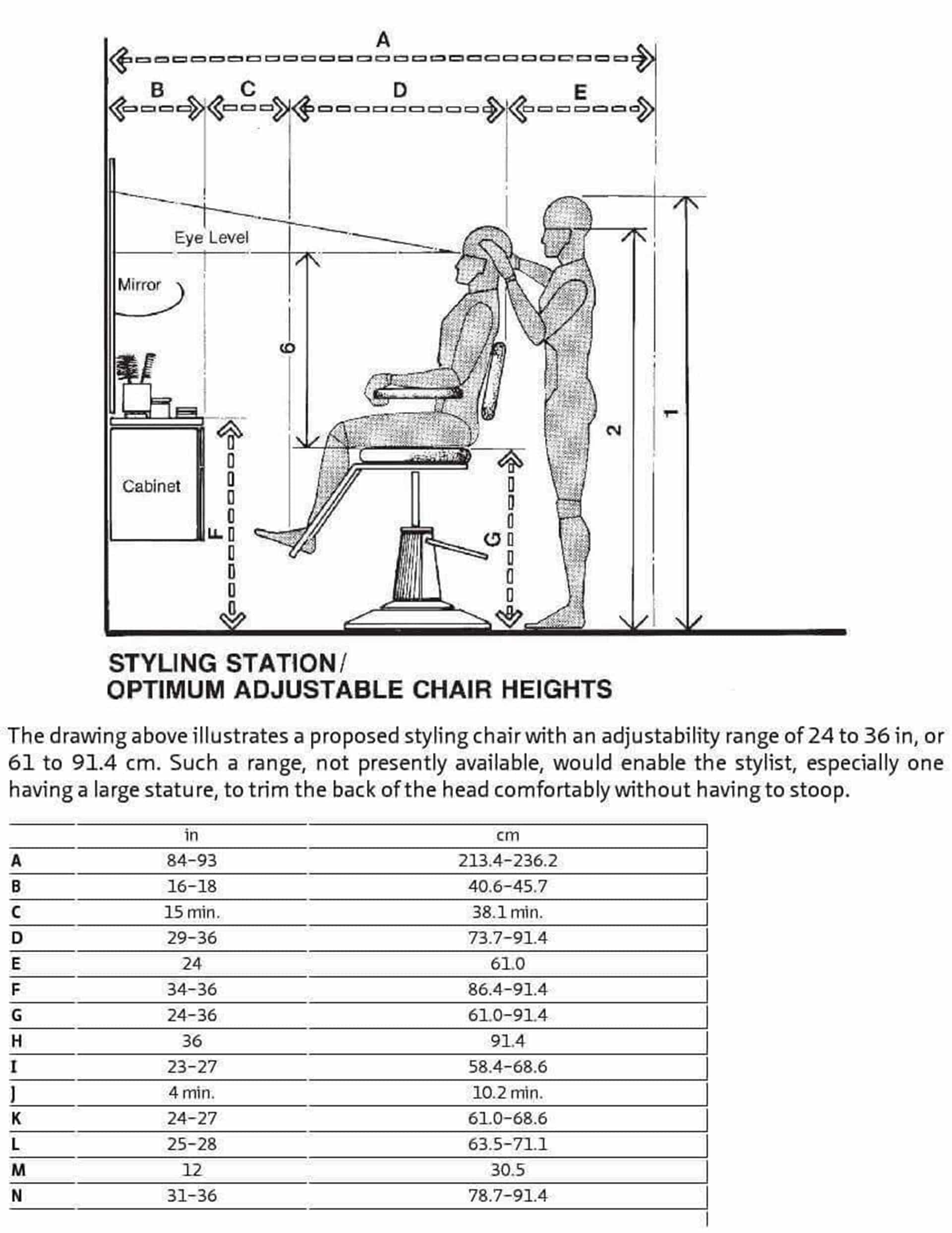 Styling Station Layout with Chair and Table Dimensions Diagram of a salon styling station with an adjustable chair and table, including a dimension chart in inches and centimeters.