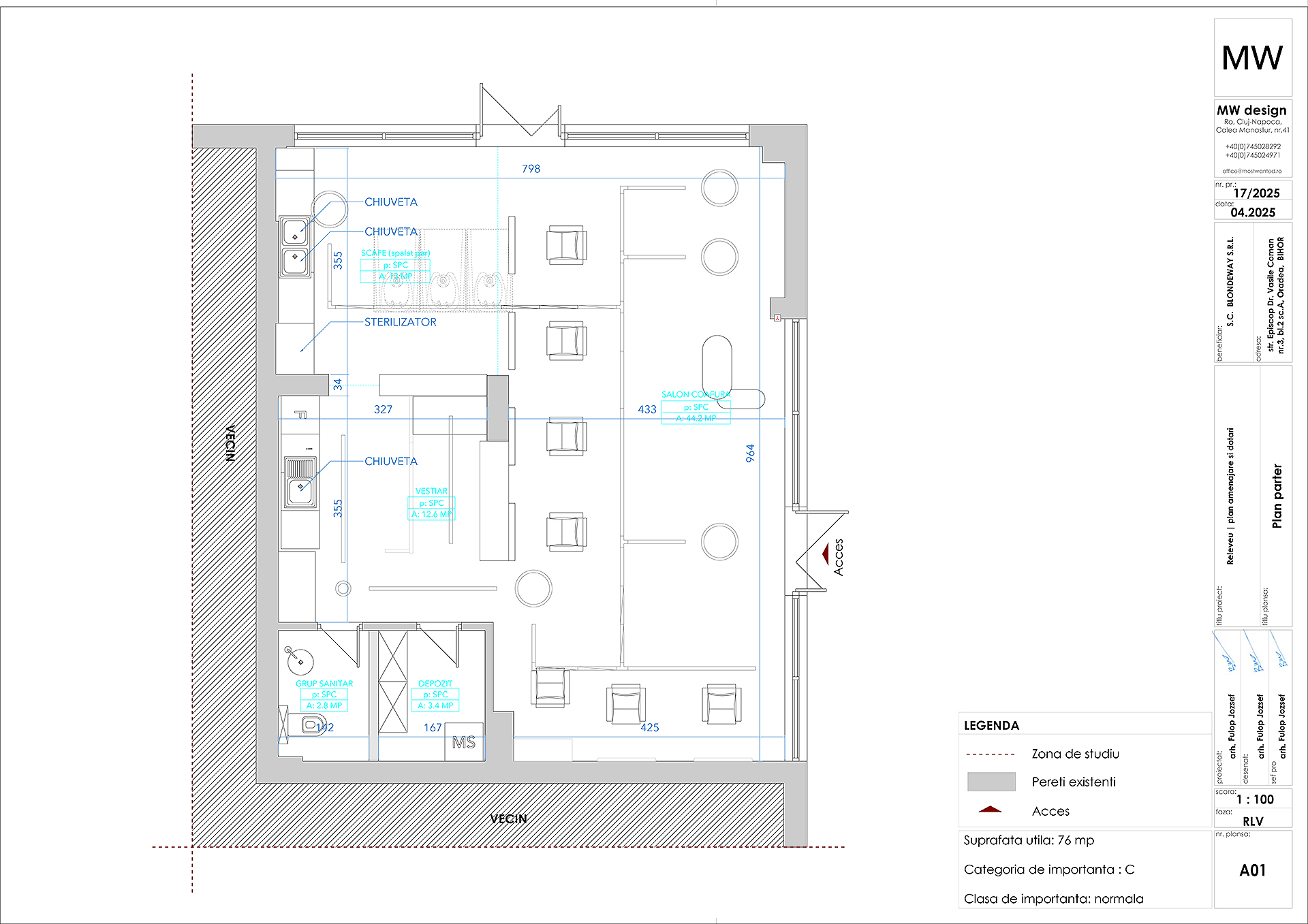 Beauty Salon Interior Layout – MW Design Floor Plan Architectural floor plan labeled “MW design,” showing room layout for a beauty salon with symbols, room names, and measurement details.