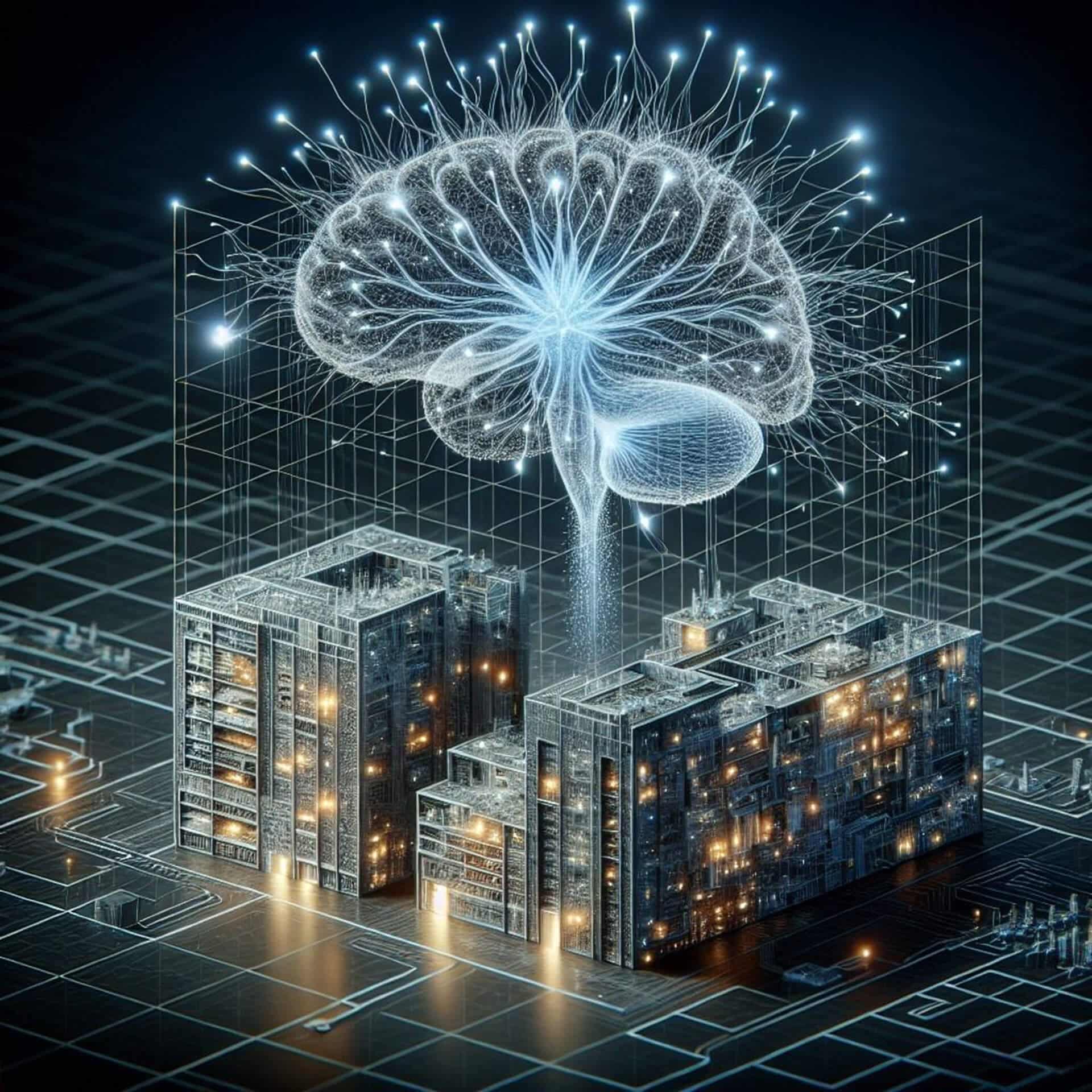 Futuristic city with neural network integration Futuristic cityscape with glowing transparent brain connected to buildings, symbolizing neural integration and advanced technology.