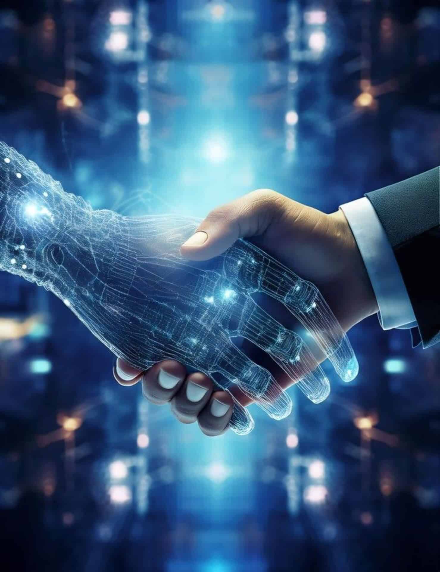 Colaborare om–inteligență artificială – Strângere de mână simbolică Mână umană strângând mâna unui robot, simbol al colaborării om–inteligență artificială.