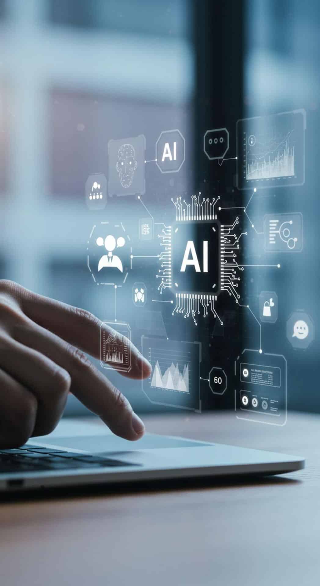 Integrare AI în tehnologie – Mână la laptop Mână folosind un laptop, înconjurată de pictograme AI și vizualizări de date, simbolizând integrarea inteligenței artificiale în tehnologie.