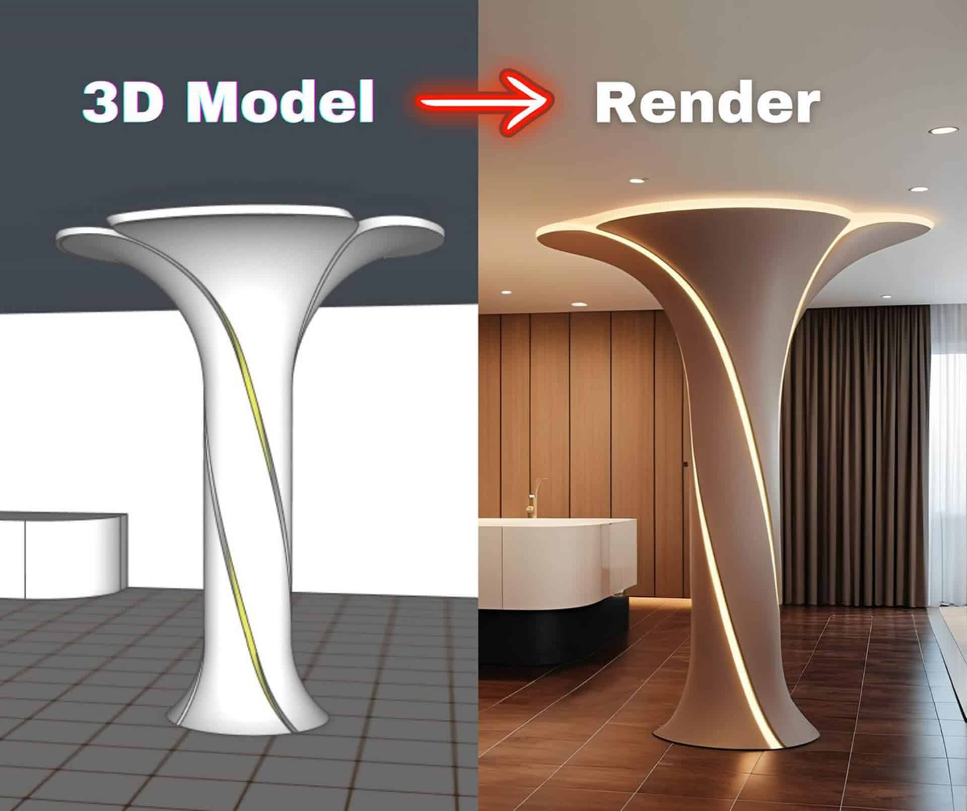 Model 3D și randare soclu modern Comparatie între un model 3D al unui soclu modern curbat și versiunea sa randată într-un interior realist cu mobilier și iluminare.