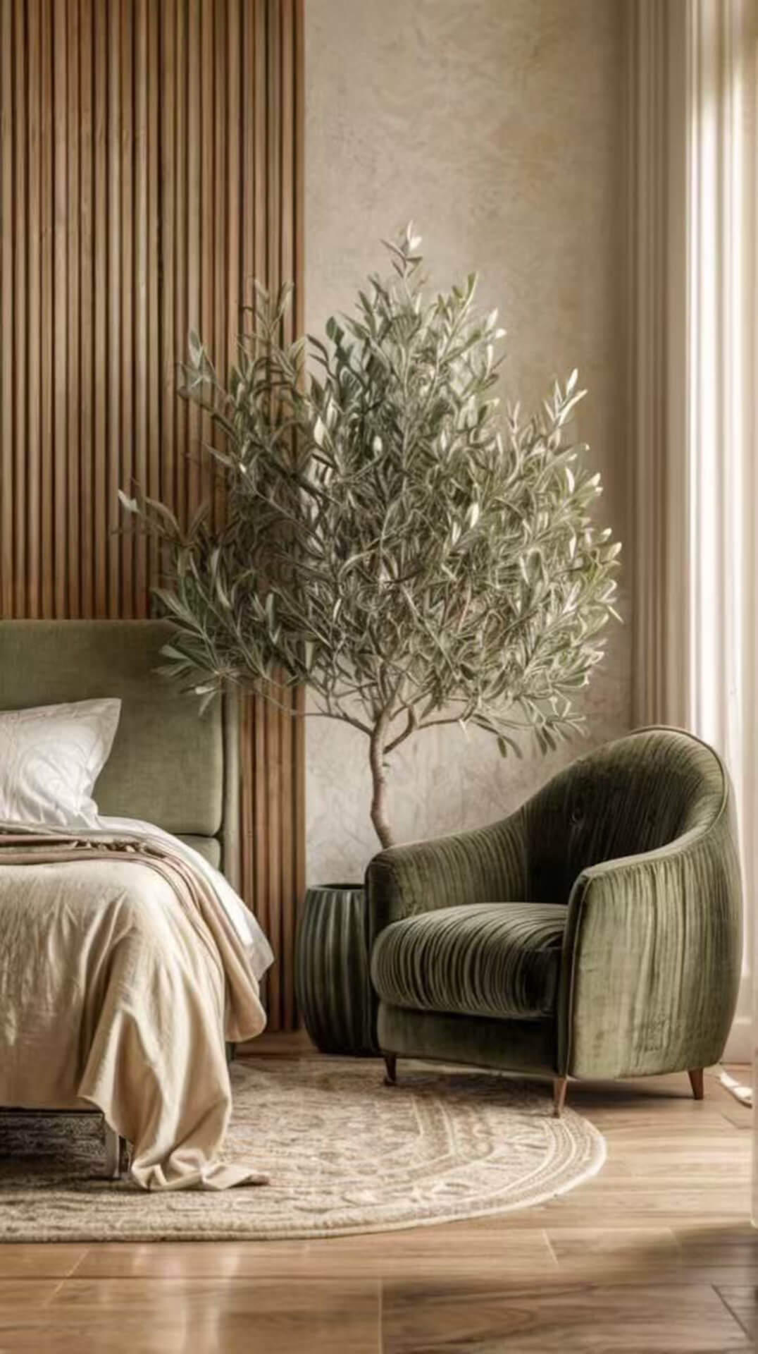 Cozy modern bedroom with wooden slat wall and green velvet armchair Modern bedroom with wooden slat wall, green velvet armchair, olive tree, and cream-colored bedding.