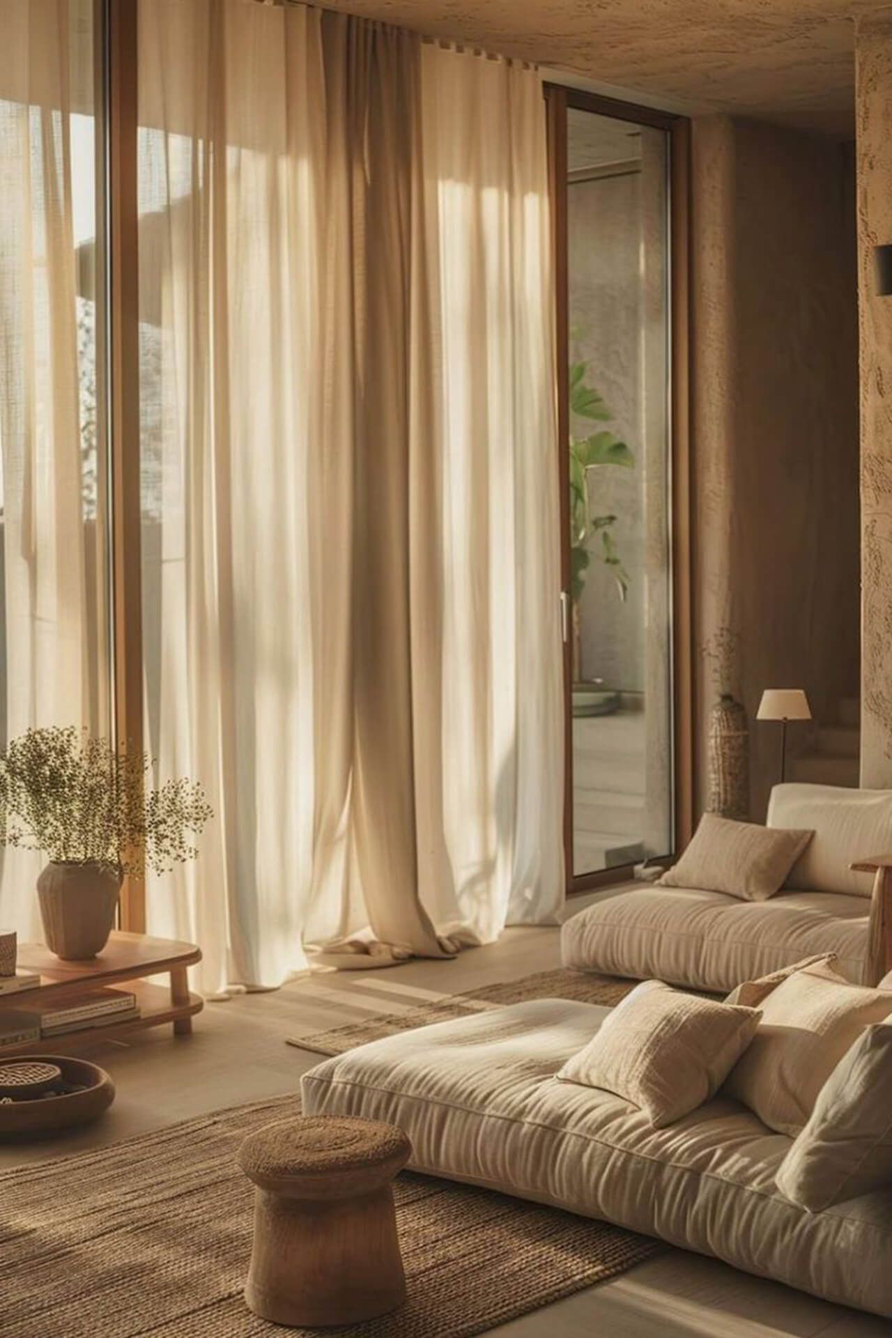 Cozy minimalist living room with neutral tones and natural light Cozy minimalist living room with neutral palette, plush sofa, wooden side table, and woven rug in natural light.