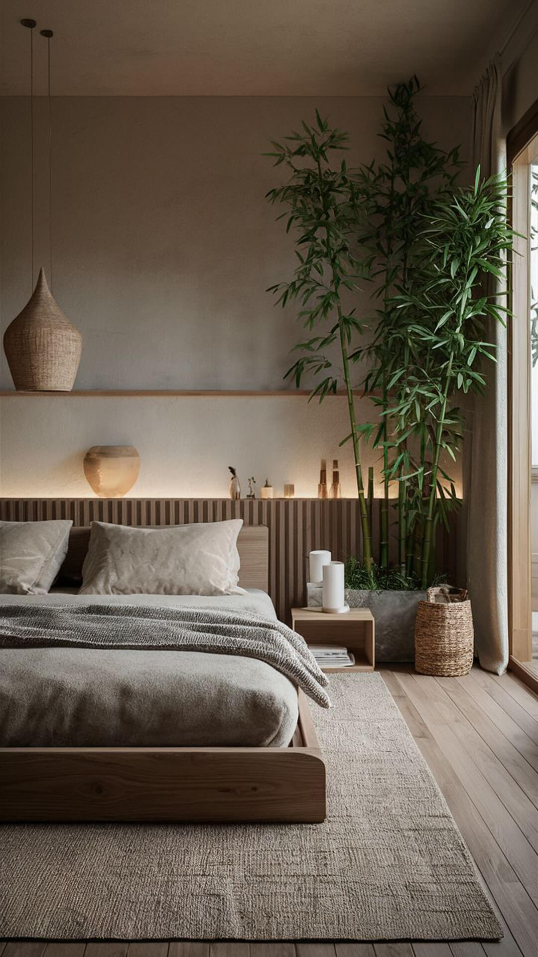 Modern minimalist bedroom with wooden platform bed and greenery Modern minimalist bedroom with wooden bed platform, neutral bedding, and tall potted plant.