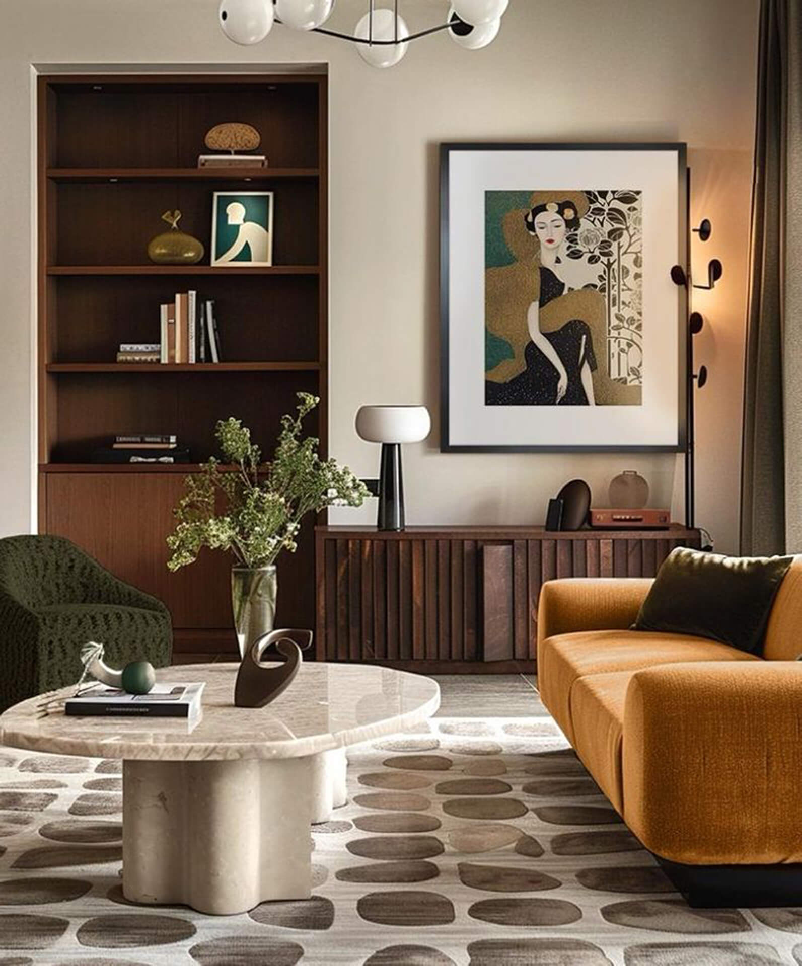 Contemporary living room with mustard sofa and elegant marble coffee table Modern living room with mustard sofa, marble coffee table, and dark wood bookshelf