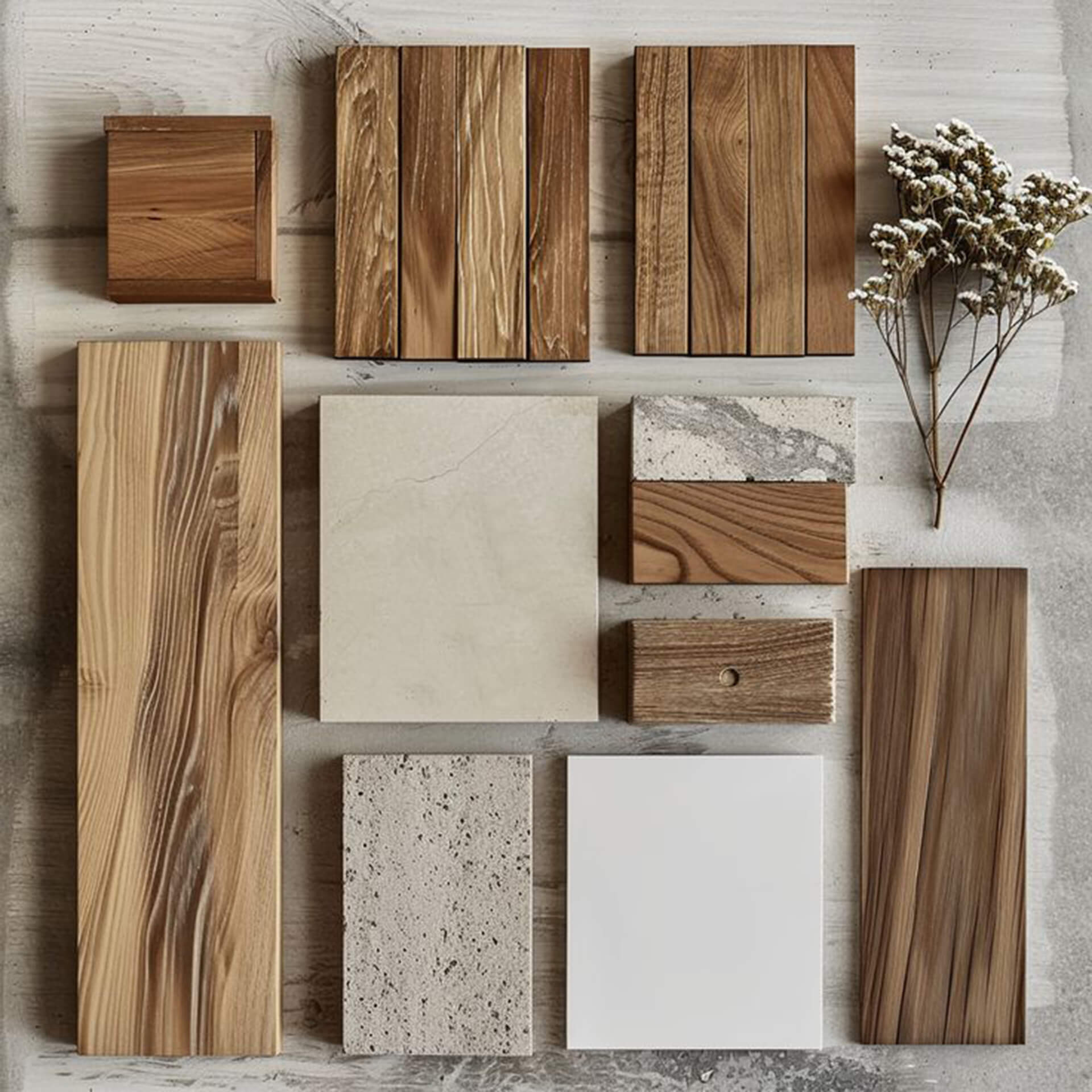 Wooden and concrete samples for interior design inspiration Wooden and concrete material samples arranged on a gray surface