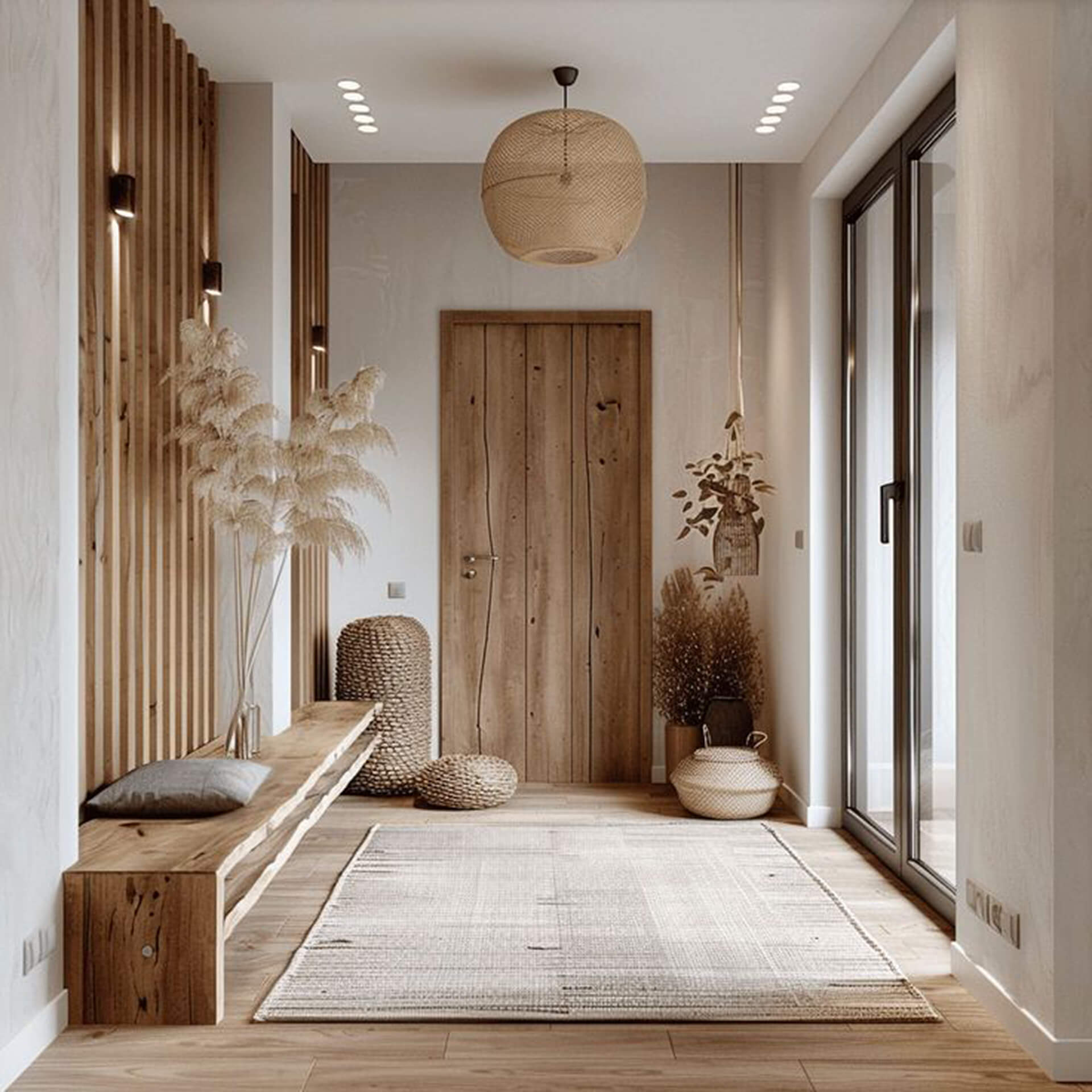 Cozy modern entryway with natural accents Modern entryway with wooden bench and woven lampshade