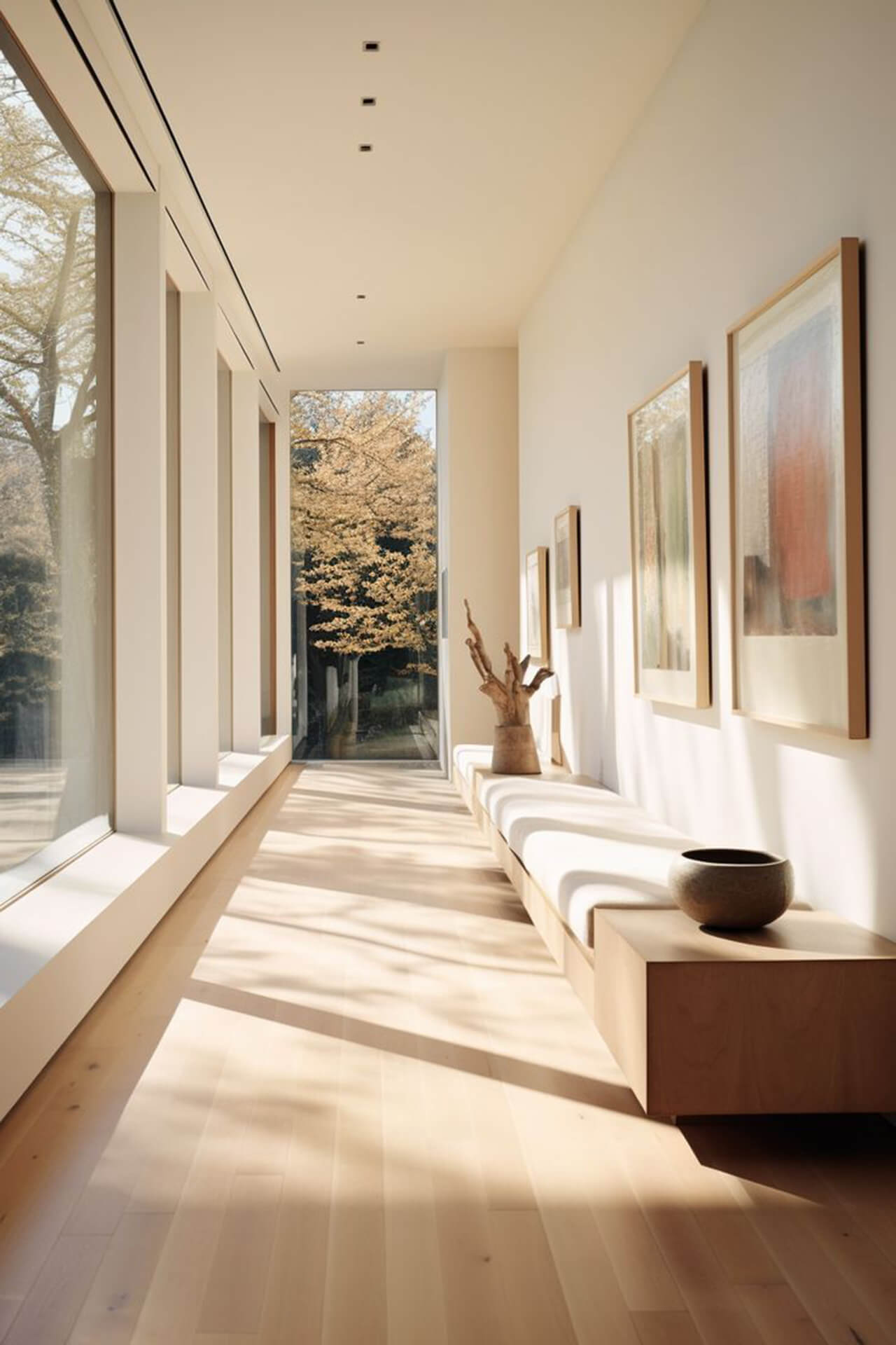 Modern minimalist hallway with natural light and abstract art Modern minimalist hallway with large windows, wooden floor, low bench, and framed abstract artworks.