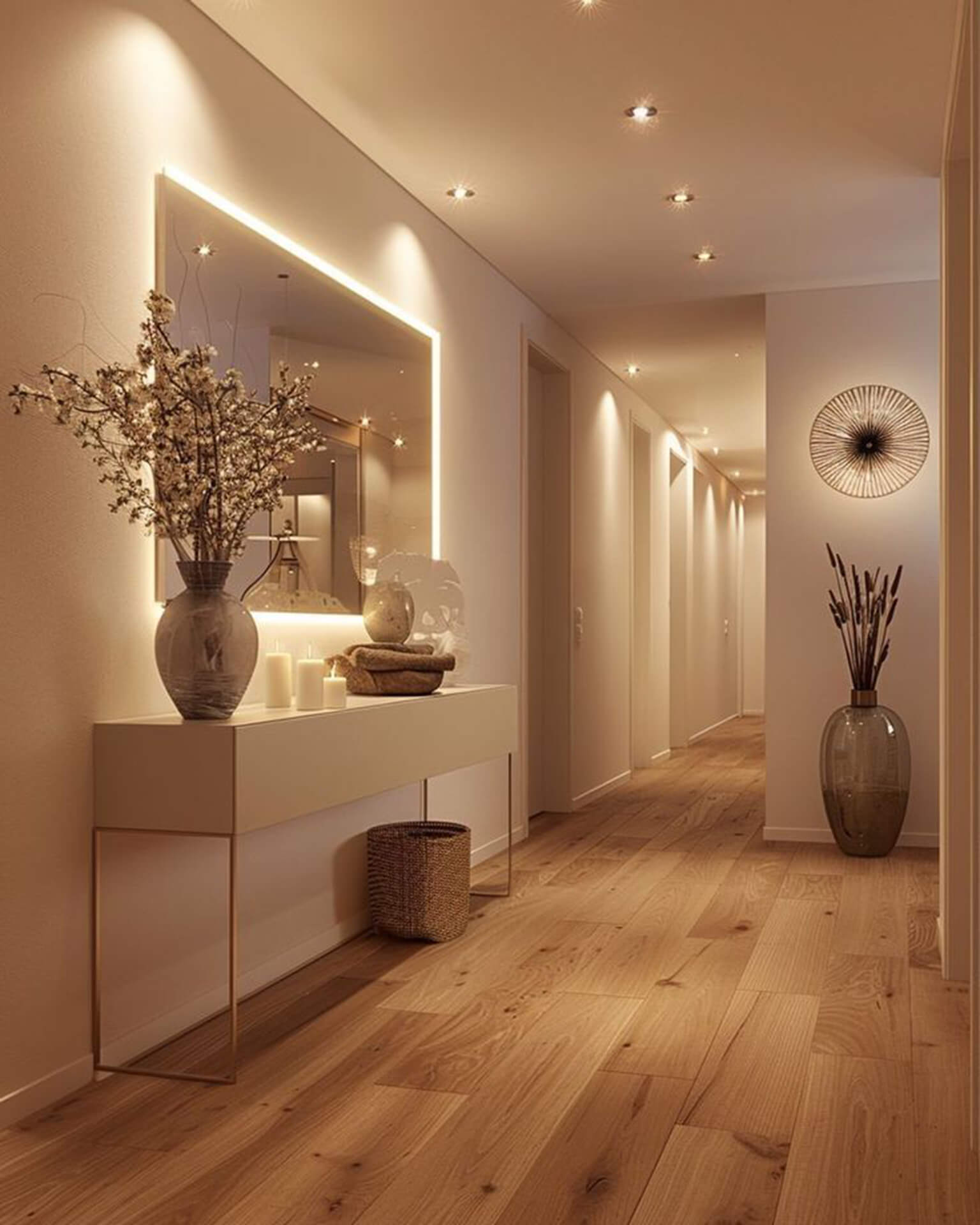 Modern hallway with console table, wooden floor, and minimalist decor Modern hallway with wooden flooring, white walls, console table, and decorative accents.