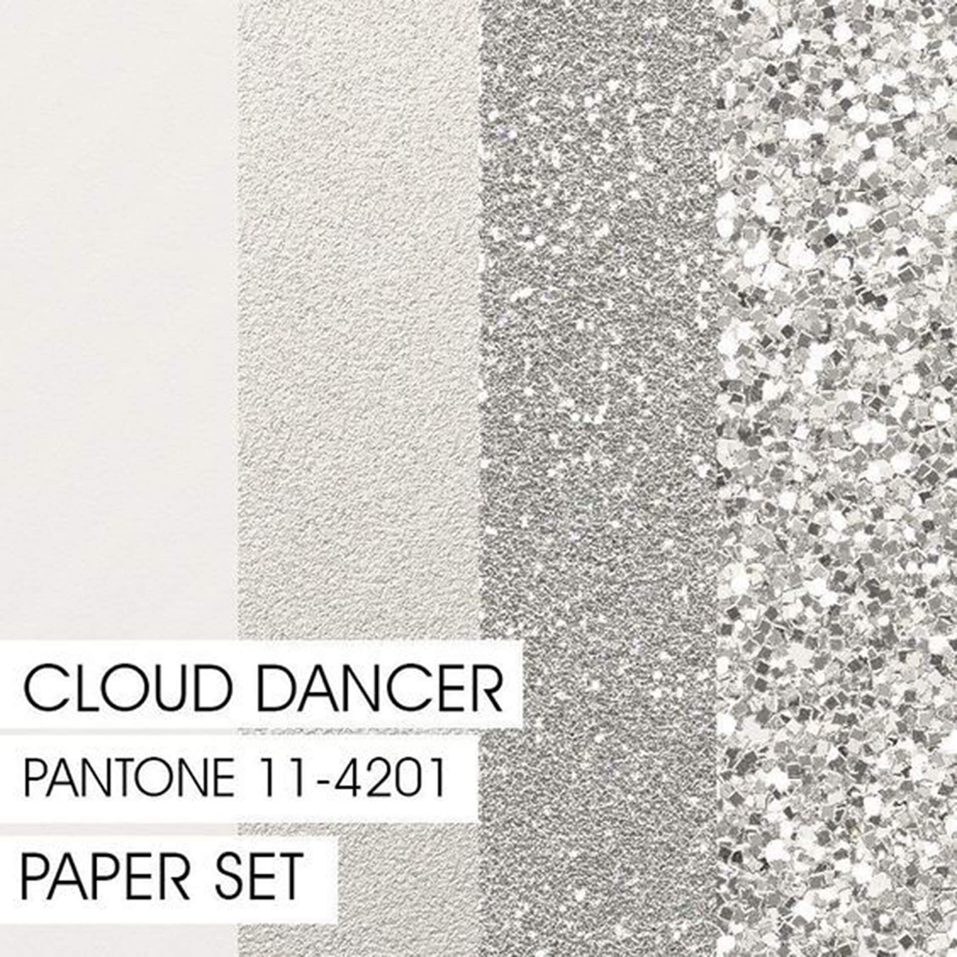 Cloud Dancer Pantone 11-4201 Paper Sample Cloud Dancer paper sample with Pantone 11-4201 in smooth, textured, and glittery finishes