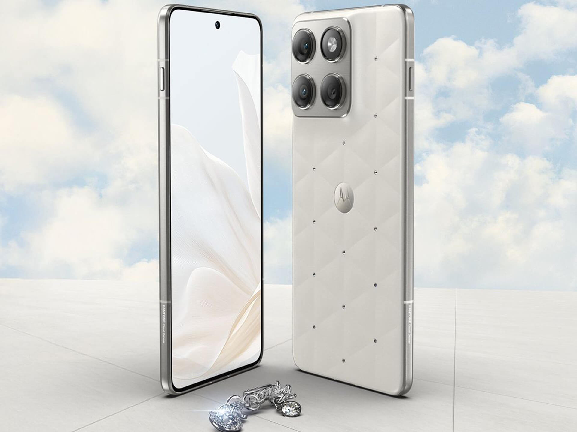 Motorola Smartphone White Diamond Quad-Camera Motorola smartphone with white diamond-patterned back and quad-camera