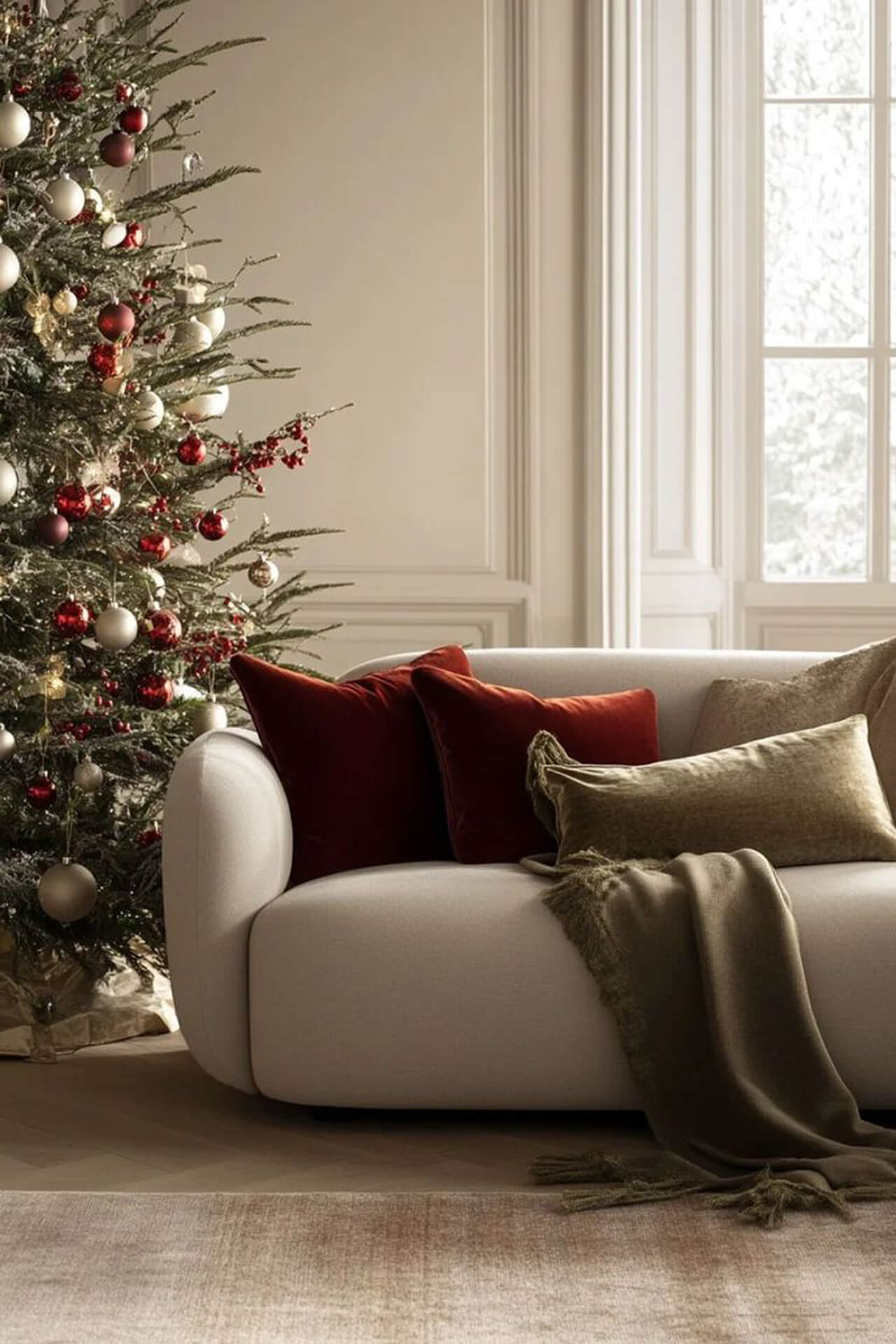 Festive Christmas Living Room with White Sofa and Holiday Decor Cozy living room with white sofa, red and gold pillows, and decorated Christmas tree