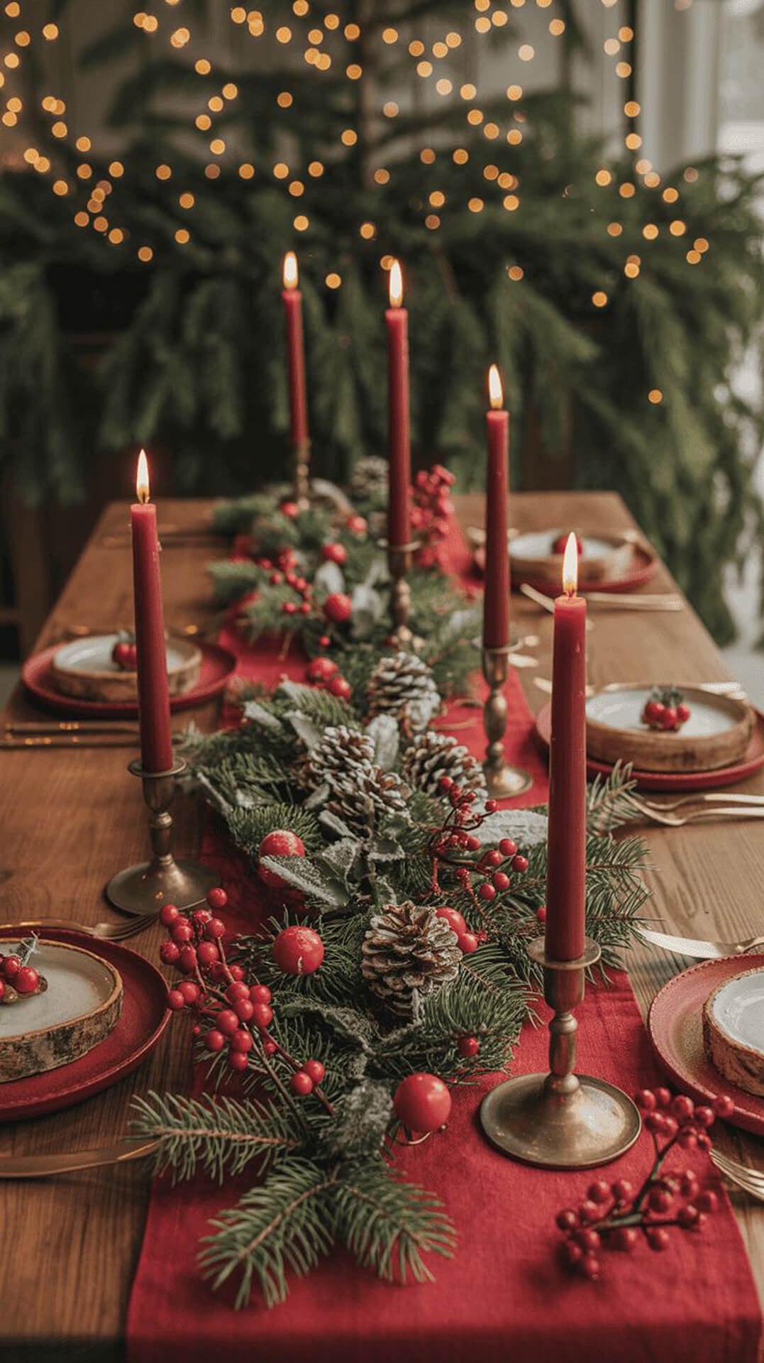 Festive Christmas Table Setting with Red Accents and Candlelight Christmas table setting with red table runner, candles, pine branches, and festive decor