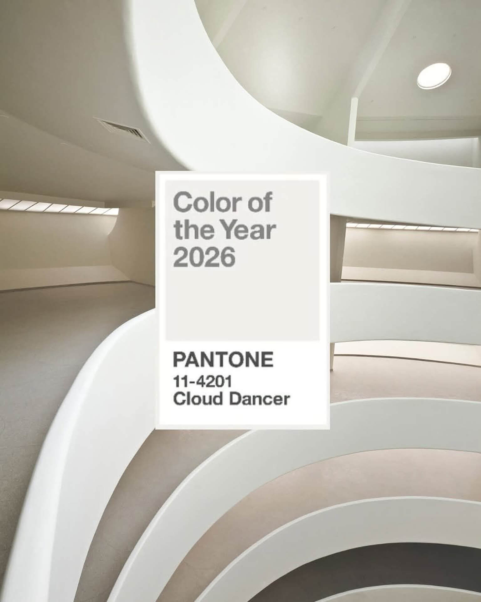 Futuristic Architecture with Pantone Cloud Dancer 2026 Futuristic curved architectural design featuring Pantone 2026 color Cloud Dancer