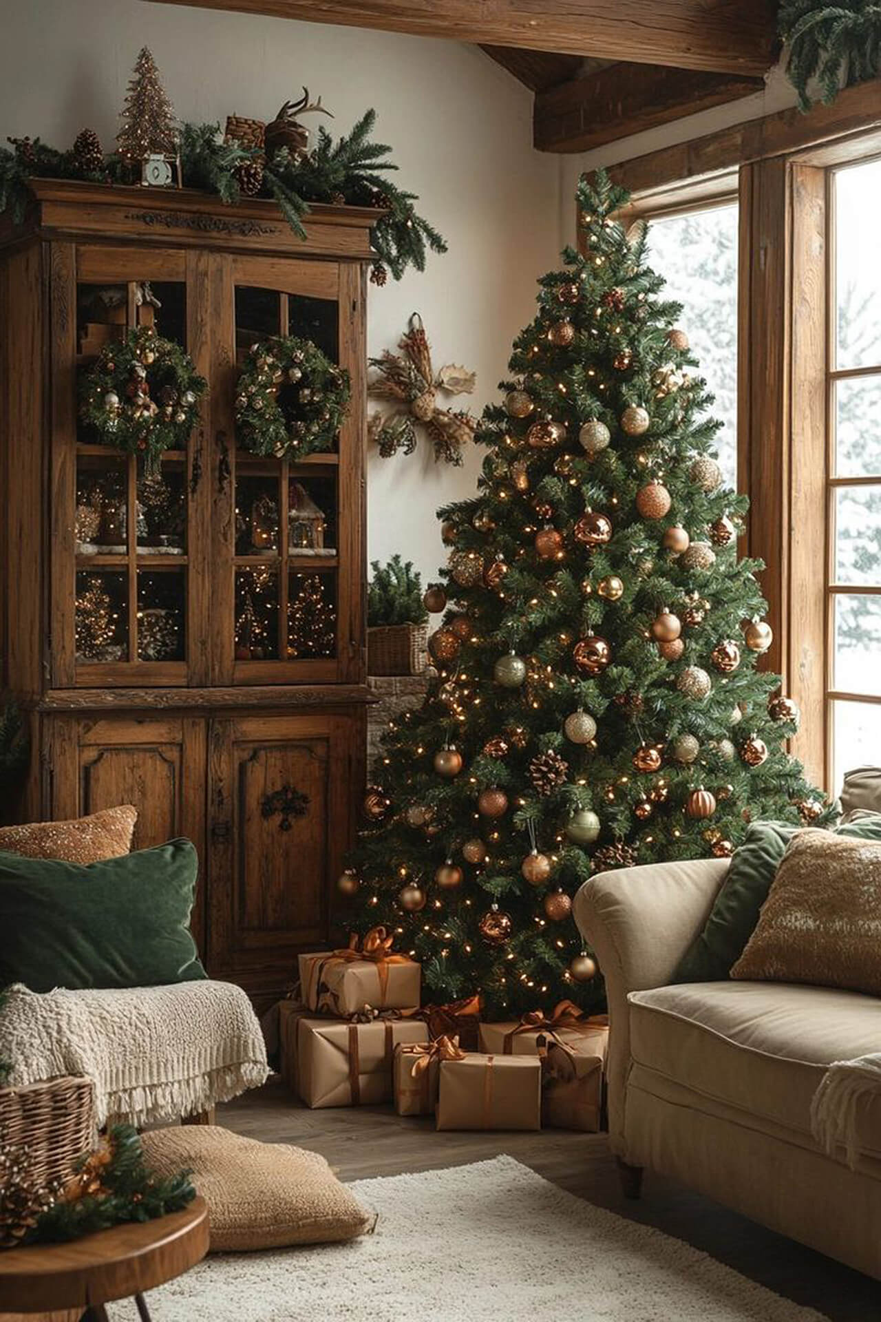 Cozy Christmas Living Room with Rustic Decor and Festive Tree Cozy Christmas living room with decorated tree, wreaths, gifts, and warm lighting