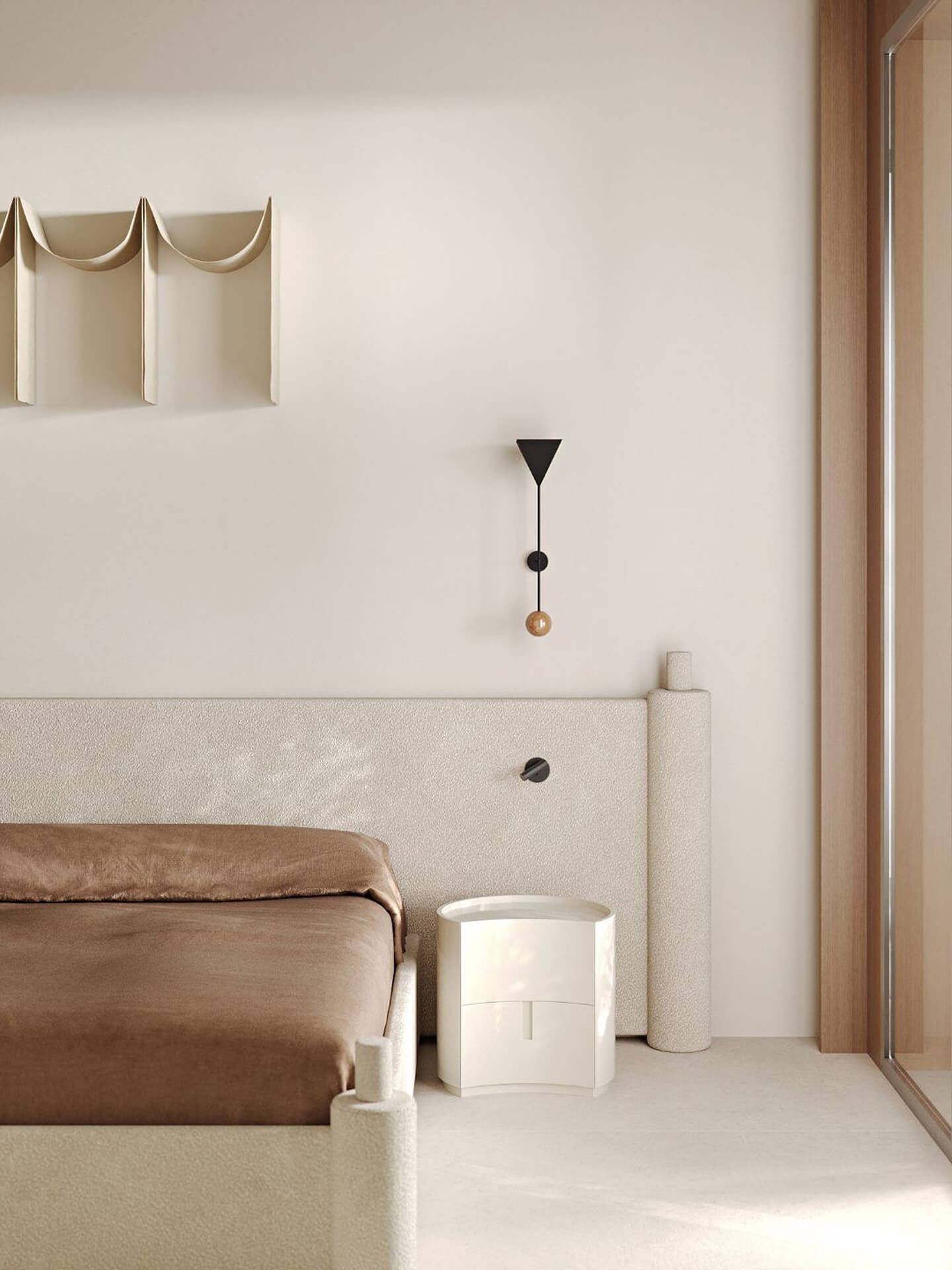 Modern Bedroom with Textured Headboard and Geometric Wall Lamp Modern minimalist bedroom with textured headboard and geometric wall lamp