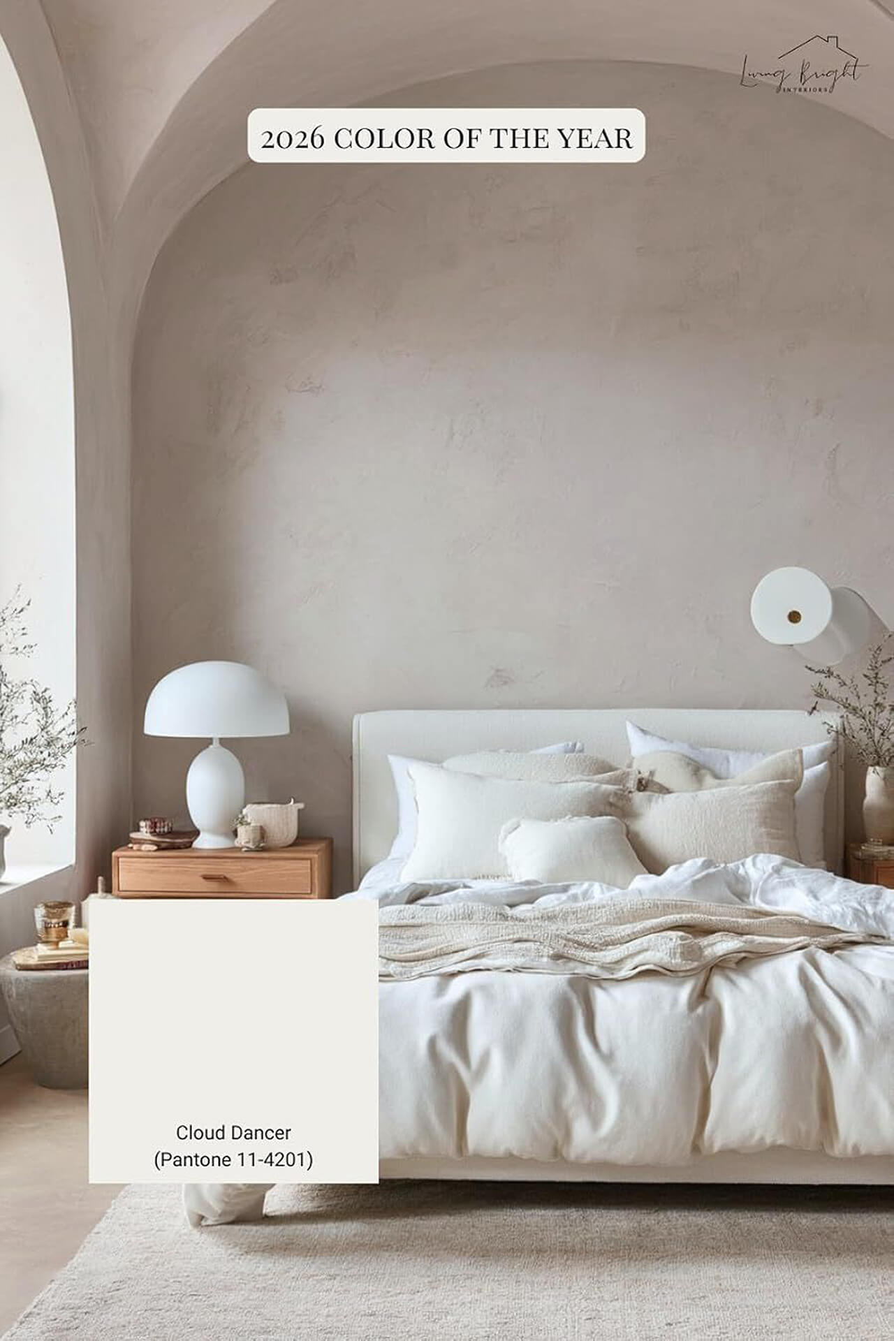 Modern Bedroom in Cloud Dancer Neutral Tones Modern bedroom with white bedding and Cloud Dancer neutral wall color