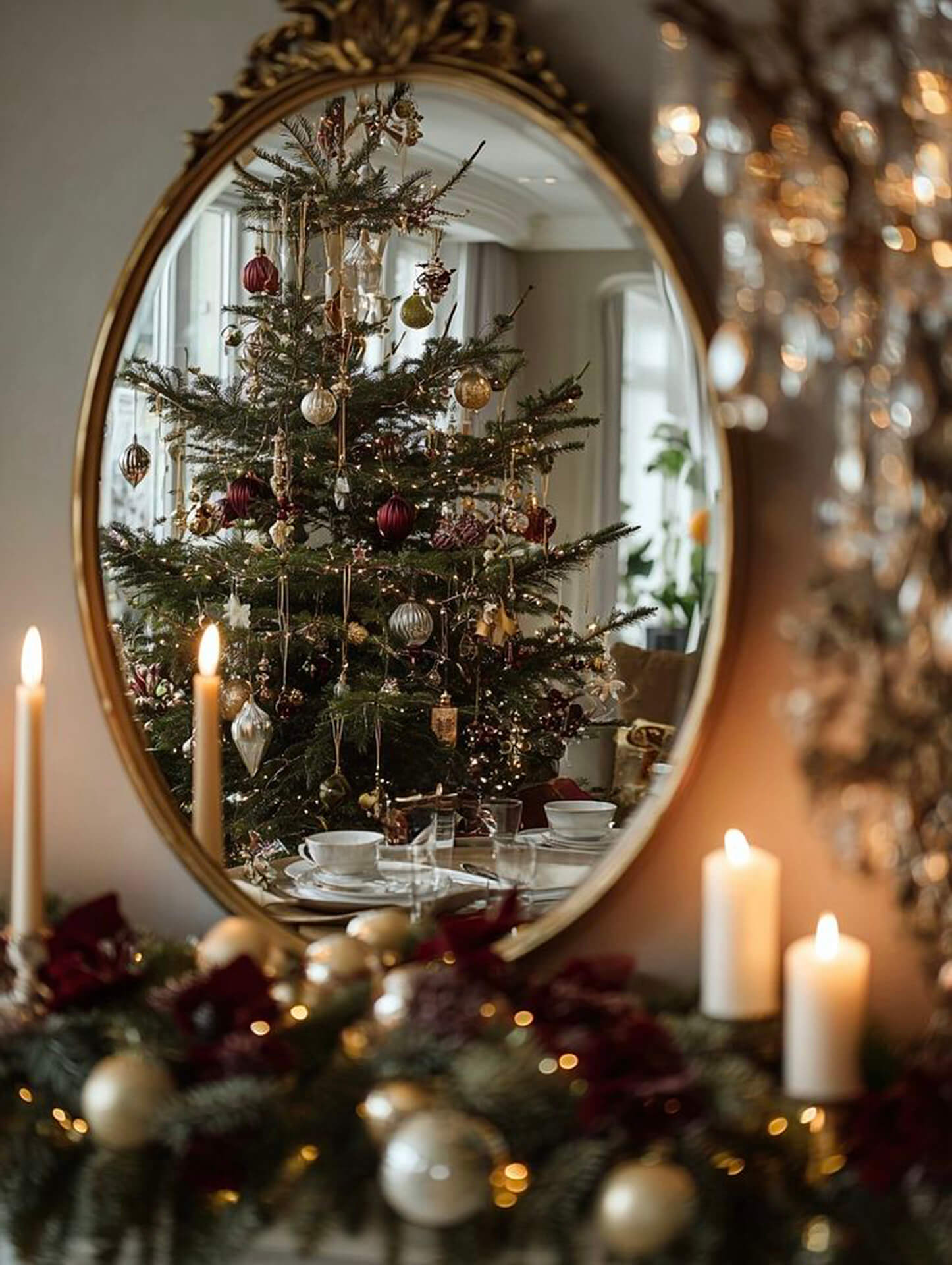Christmas Tree with Elegant Table Setting and Candles Festive Christmas tree with table set, candles, and floral arrangement