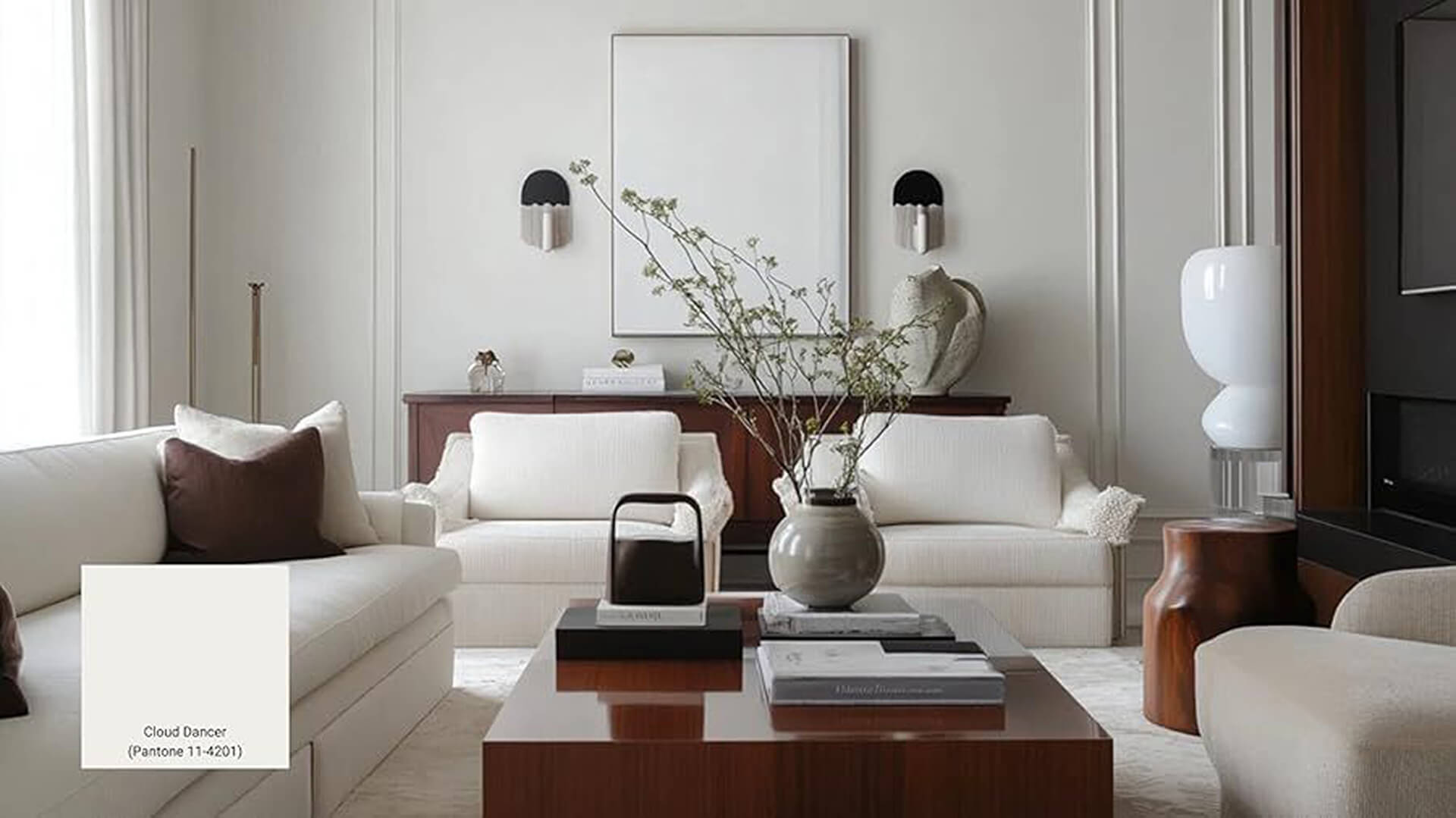 Minimalist Living Room with White Sofas and Wood Accents Modern minimalist living room with white sofas and wooden furniture