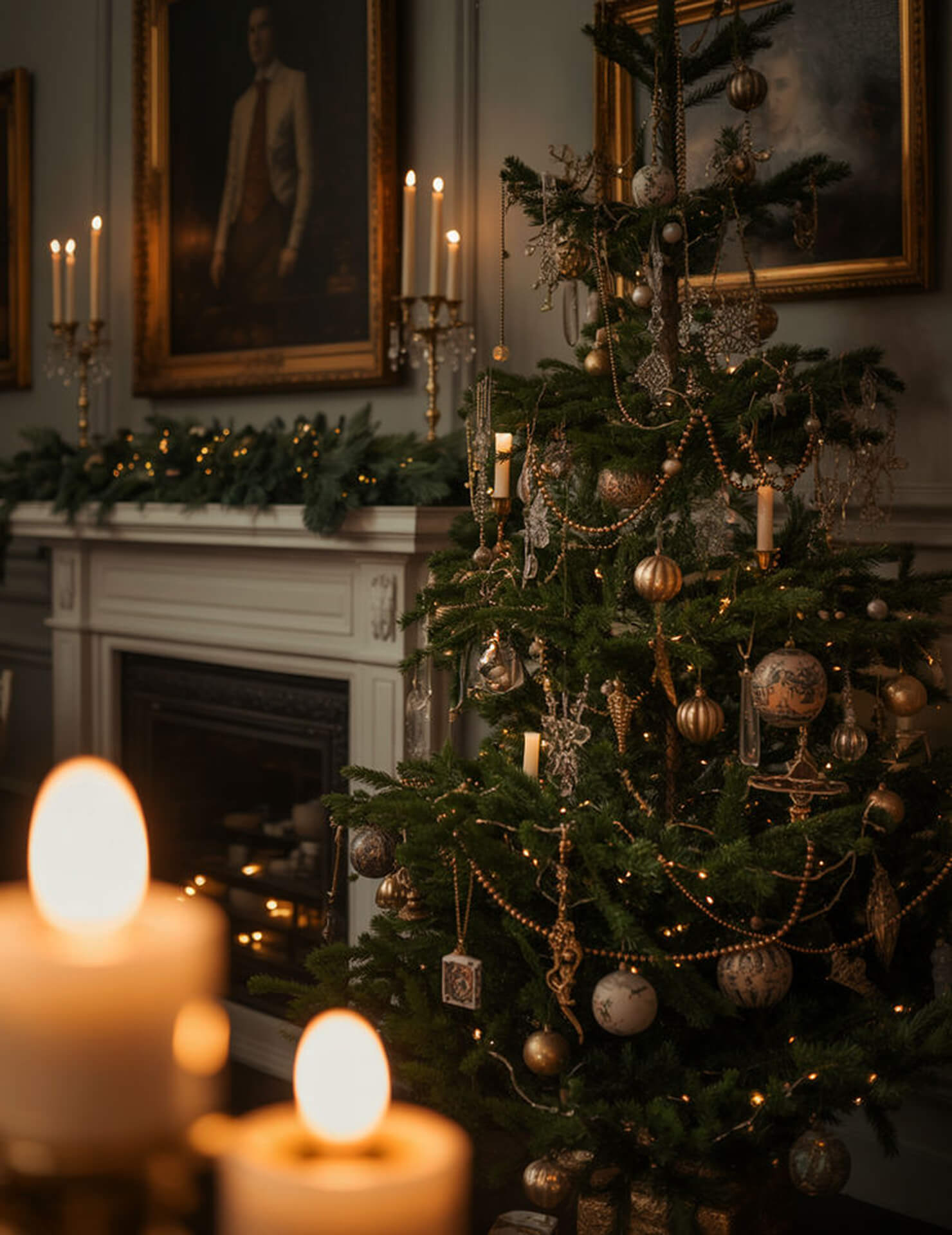 Festive Christmas Tree with Gold and Silver Decorations Cozy Christmas tree with gold and silver ornaments next to a decorated fireplace