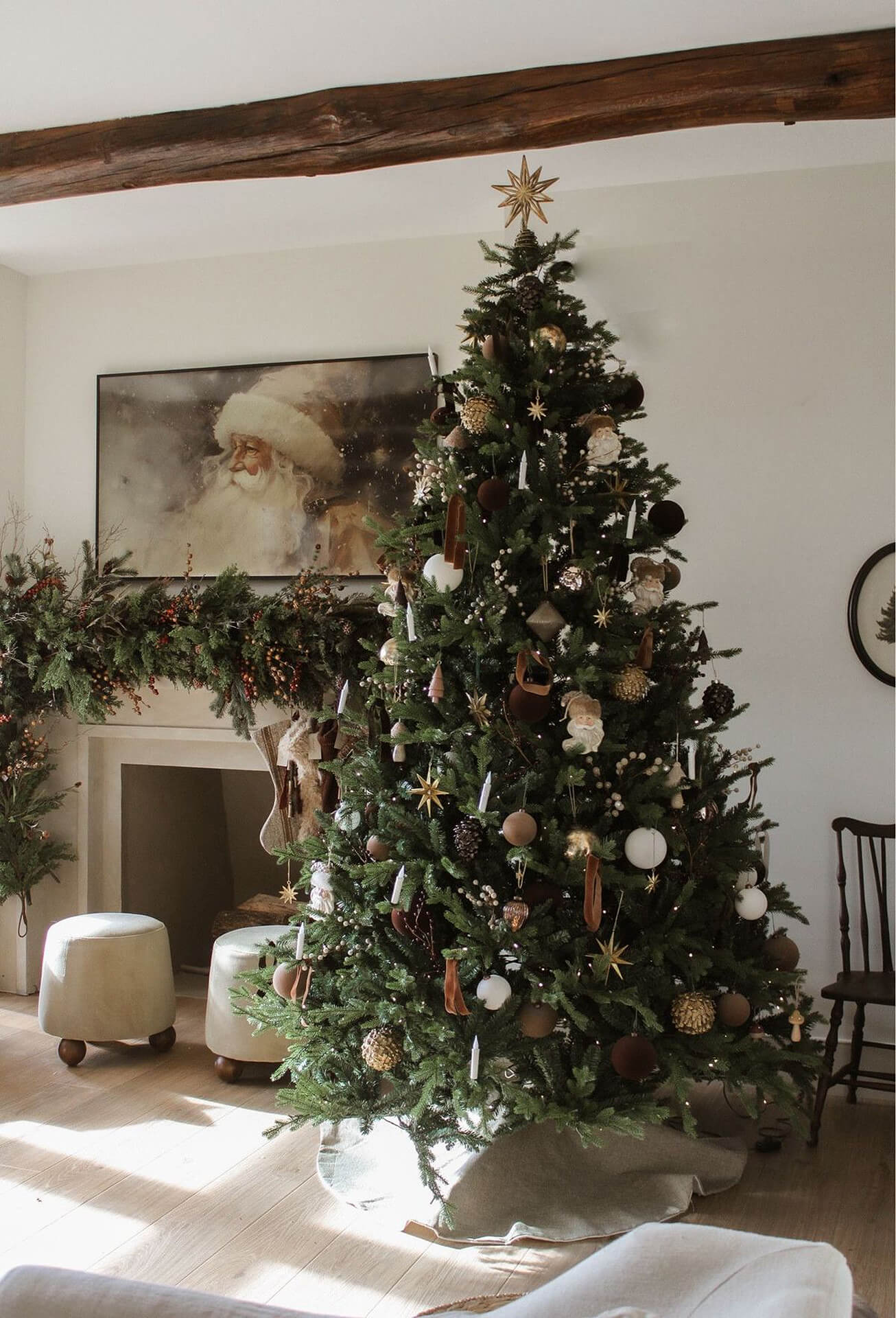 Festive Christmas Tree in Cozy Living Room Christmas tree with white, brown, and gold ornaments in cozy living room