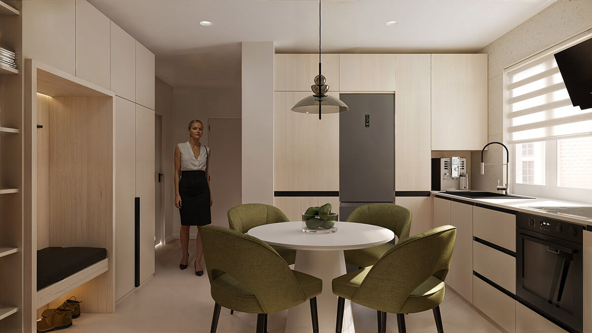 Bucătărie modernă cu dining integrat – idei inspiratoare de design interior Bucătărie modernă cu zonă de dining, mobilier minimalist și scaune verzi, design interior luminos și funcțional.