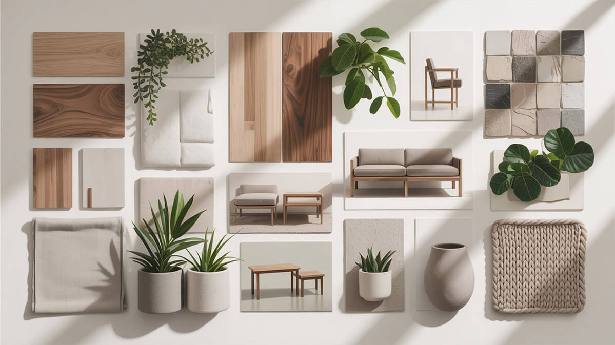 Moodboard de design interior – idei inspiratoare pentru fiecare cameră Moodboard de design interior cu materiale naturale, mobilier minimalist, plante decorative și paletă de culori neutre