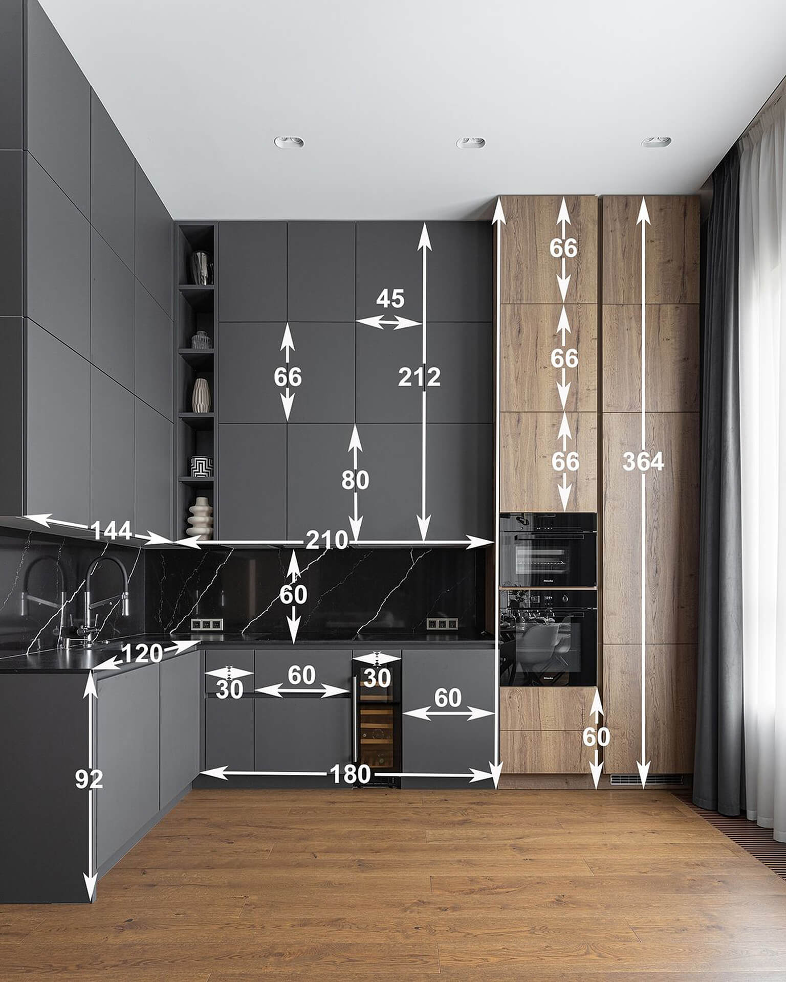 Modern Dark Kitchen Design with Detailed Dimensions Modern kitchen with dark cabinetry and annotated dimensions