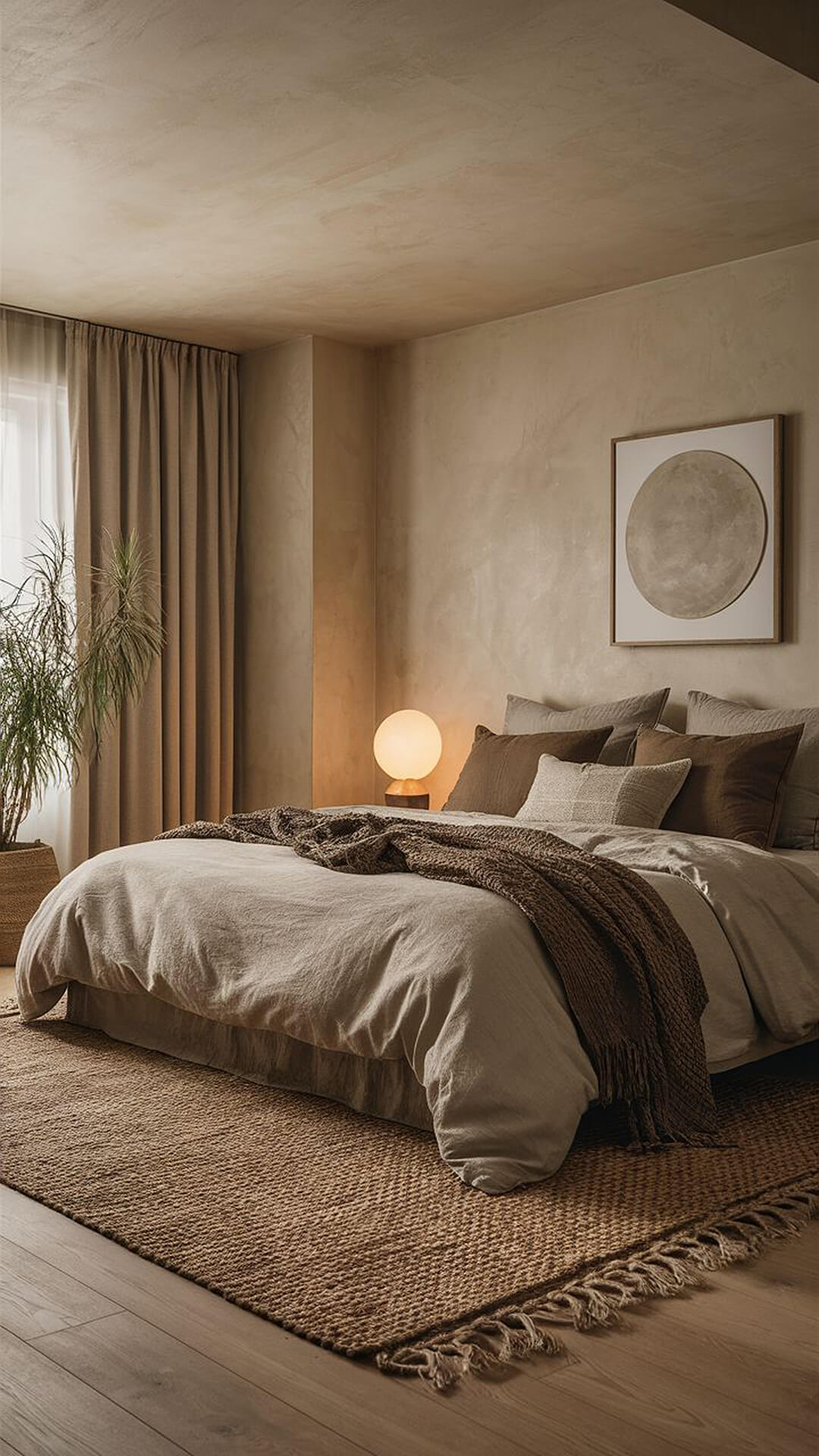 Cozy Neutral Bedroom with Natural Textures Cozy neutral bedroom with layered bedding, wicker rug, and moon wall art