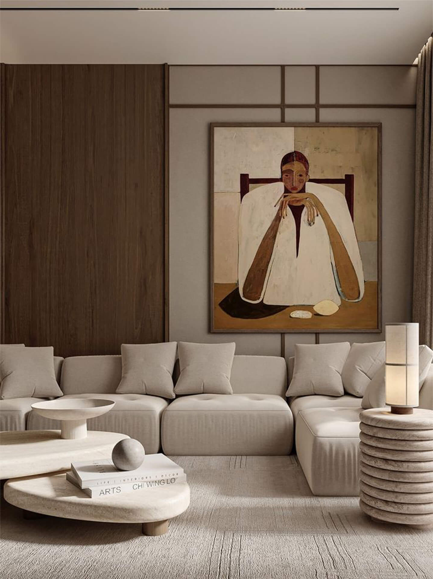 Contemporary Living Room with Gray Sectional and Abstract Art Modern living room with light gray sectional sofa, circular coffee table, and abstract figure painting