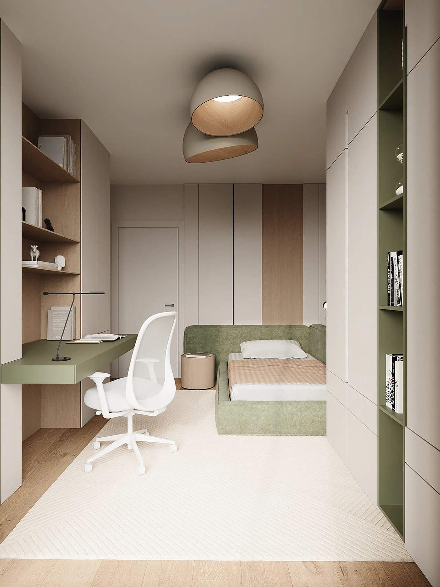 Minimalist Bedroom with Green Bed and Dome Ceiling Light Modern minimalist bedroom with built-in green bed, desk, and dome ceiling light