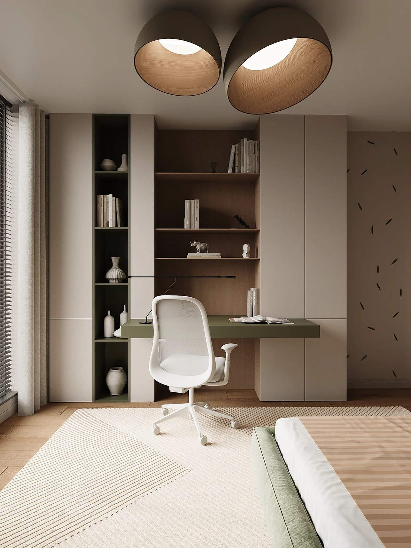 Contemporary Home Office with Built-In Desk and Pendant Lighting Modern minimalist home office with built-in desk, bookshelves, and white task chair