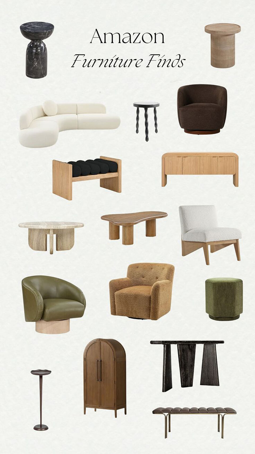 Modern and Contemporary Furniture Collection from Amazon Modern and contemporary furniture including chairs, stools, tables, and sofa on white background