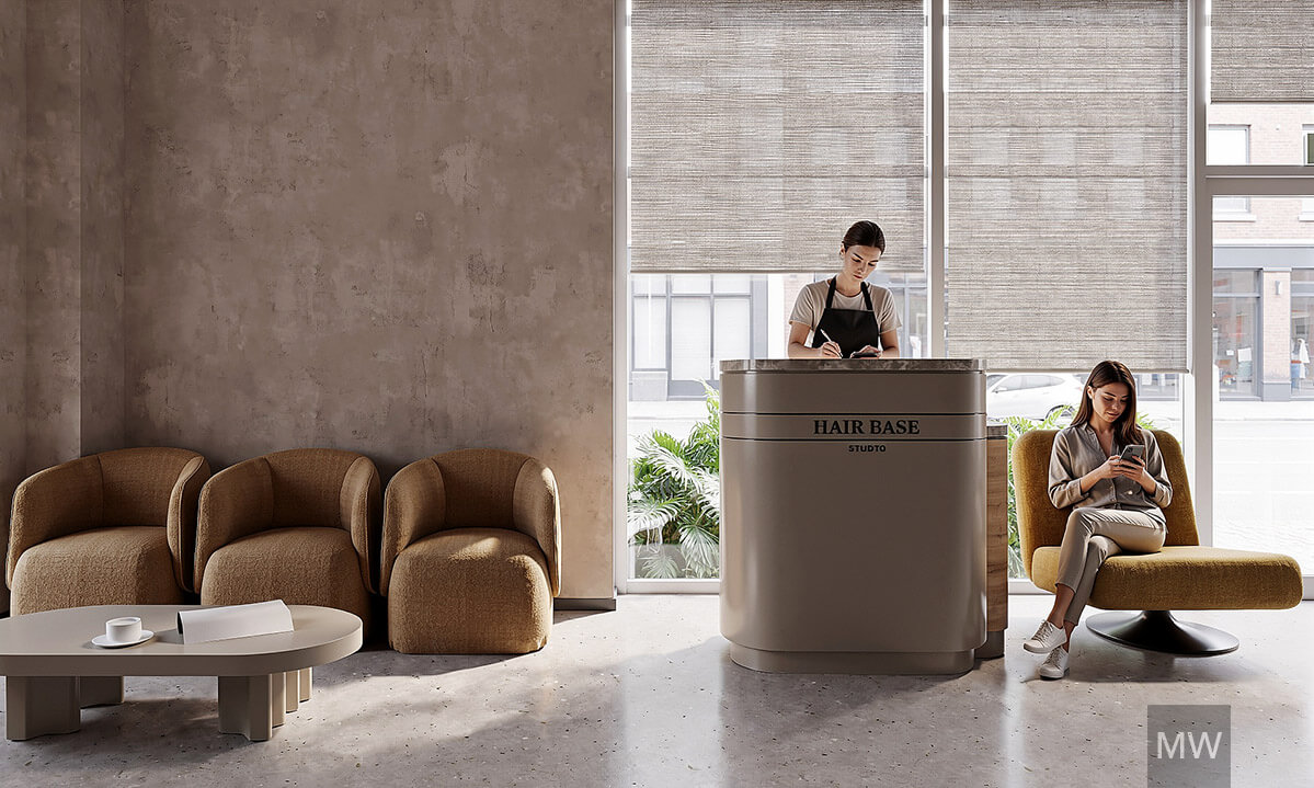 01 render hair base studio oradea, receptie si zona de asteptare, design stil industrial render hair base studio oradea, receptie si zona de asteptare, design stil industrial