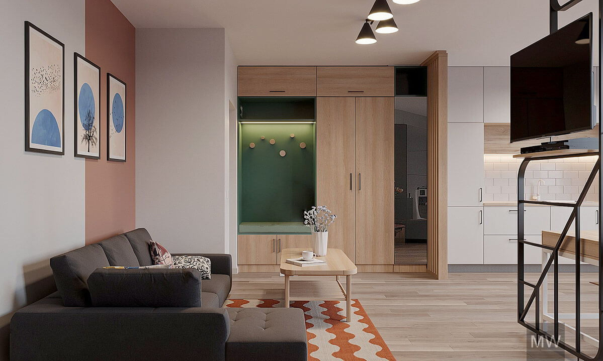 02-apartament rbnb cluj, randare 3d, most wanted design, vedere intrare cu zona de sezut verde si canapea gri apartament rbnb cluj, randare 3d, most wanted design, vedere intrare cu zona de sezut verde si canapea gri