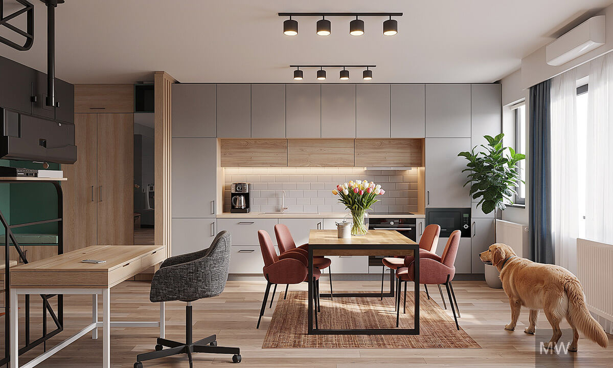 03-zona de bucatarie si luat masa, televizor suspendat, randare 3d, apartament cluj zona de bucatarie si luat masa, televizor suspendat, randare 3d, apartament cluj