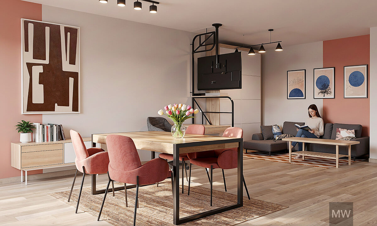 04-vedere din bucatarie spe zona de living si masa de dining cu scaune roz inchis, apartament modern randare 3d vedere din bucatarie spe zona de living si masa de dining cu scaune roz inchis, apartament modern randare 3d