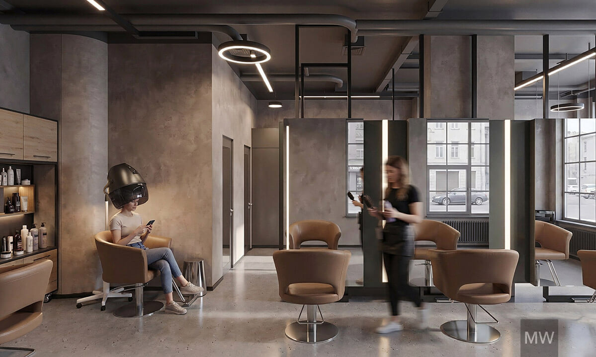 05 hair base studio, oradea, design interior most wanted design, vedere de la intrare cu scaune piele maro si oglinzi mari iluminat led 05 hair base studio, oradea, design interior most wanted design, vedere de la intrare cu scaune piele maro si oglinzi mari iluminat led