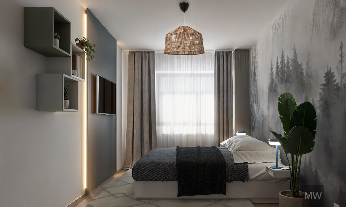 05-intrare in dormitor, apartament rbnb cluj, randare 3d, pat ikea, tapet intrare in dormitor, apartament rbnb cluj, randare 3d, pat ikea, tapet