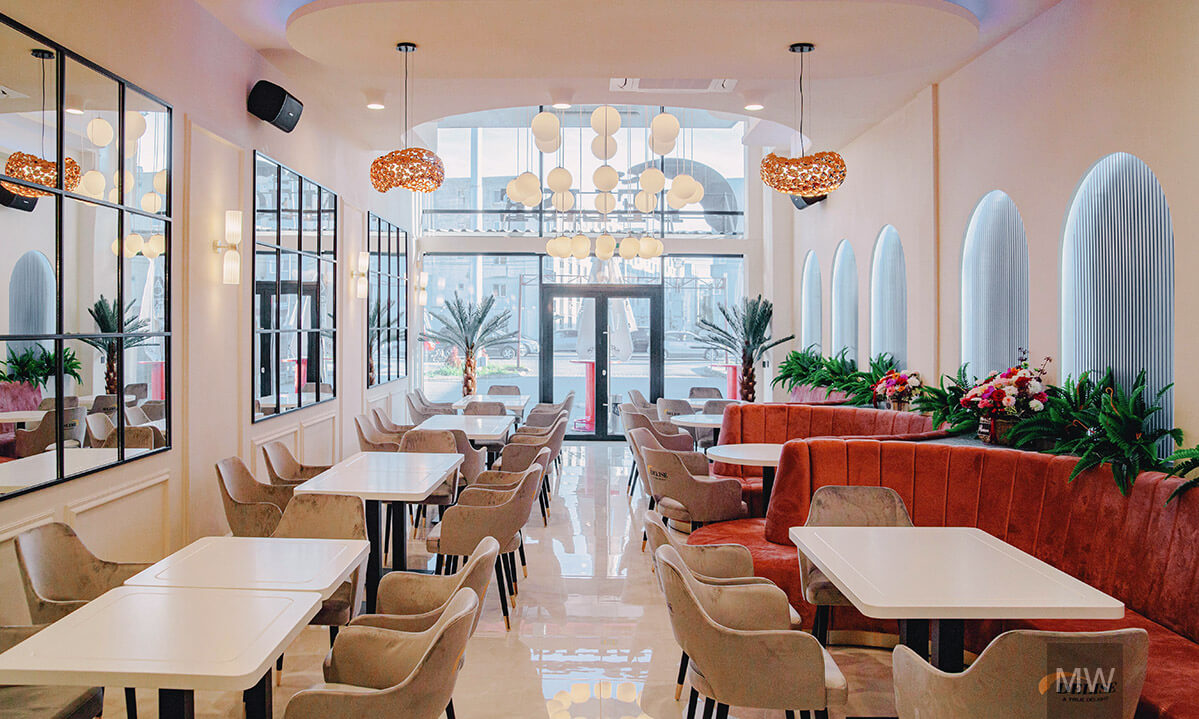 vedere spre intrare la restaurantul delise din turda, ansamblu de lumini, candelabru facut la comanda, canapea liniara roz si scaune tapitate gri cu blaturi de mese de mdf vopsit, alb, trend furnitur vedere spre intrare la restaurantul delise din turda, ansamblu de lumini, candelabru facut la comanda, canapea liniara roz si scaune tapitate gri cu blaturi de mese de mdf vopsit, alb, trend furnitur